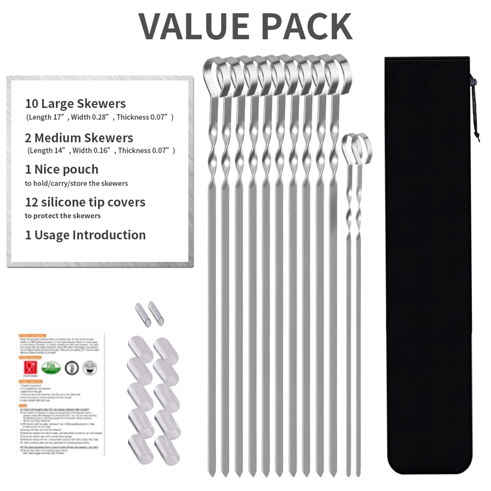 Skewers - 17" Kabob Skewers for Grilling, Metal Sticks for Kabobs Stainless Steel Flat Long Shish Kebab Reusable Grill BBQ Barbecue Sticks for Meat Chicken Vegetable, 12 Pack Bonus 14 Inch