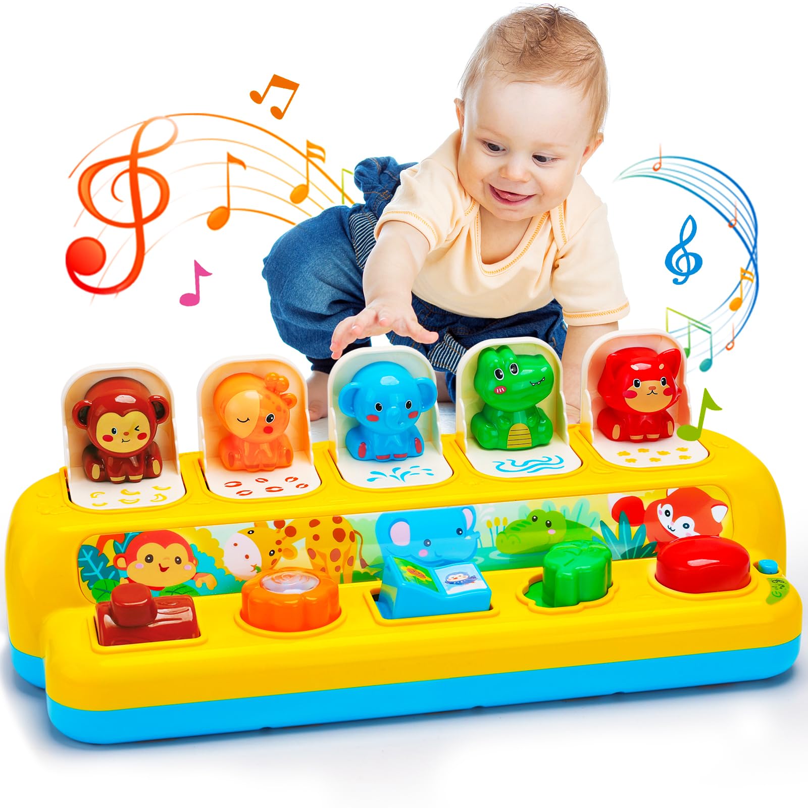 Interactive Pop up Animal Toys with Music & Light, Montessori Cause and Effect Toys for 1 Year Old Boy Girl Early Learning Musical Baby Toy 9-12-18 Months STEM Toddler Toy Age 1-2 Gift for Infant