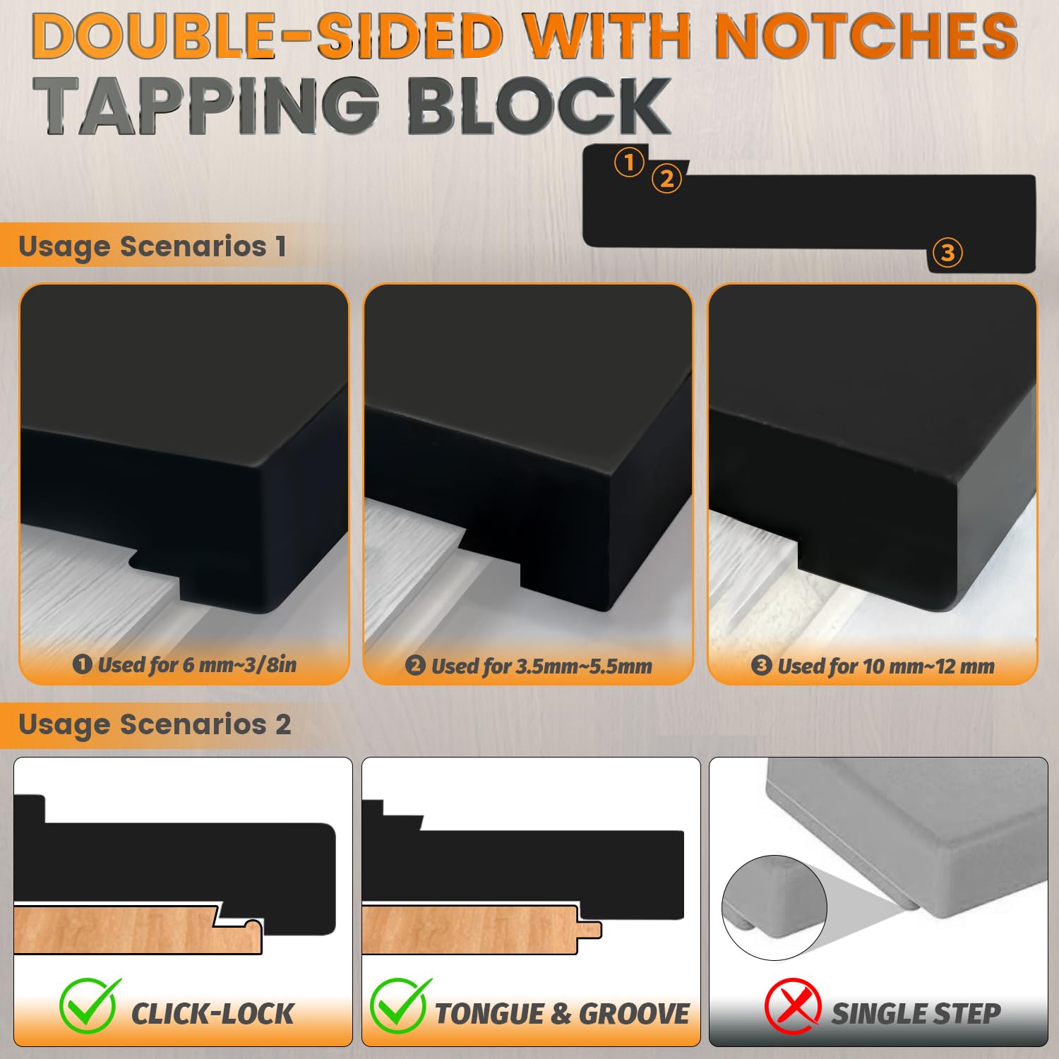 Laminate/Vinyl Flooring Tools, NAACOO Tapping Block for Vinyl Plank Flooring - Double Sided with Notches, Pull Bar, 40Pcs Floor Spacers, Rubber Mallet. Universal Floor Installation kit.
