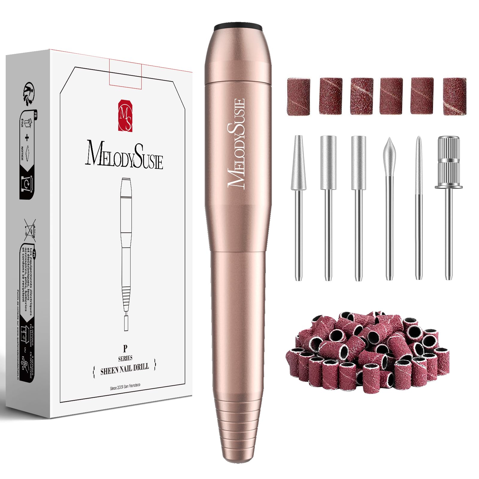 MelodySusie مبرد أظافر كهربائي USB، طقم مبرد أظافر كهربائي محمول PC120I لأظافر الأكريليك والجل، أداة مانيكير وباديكير مع رؤوس وملاقط صنفرة باللون الذهبي