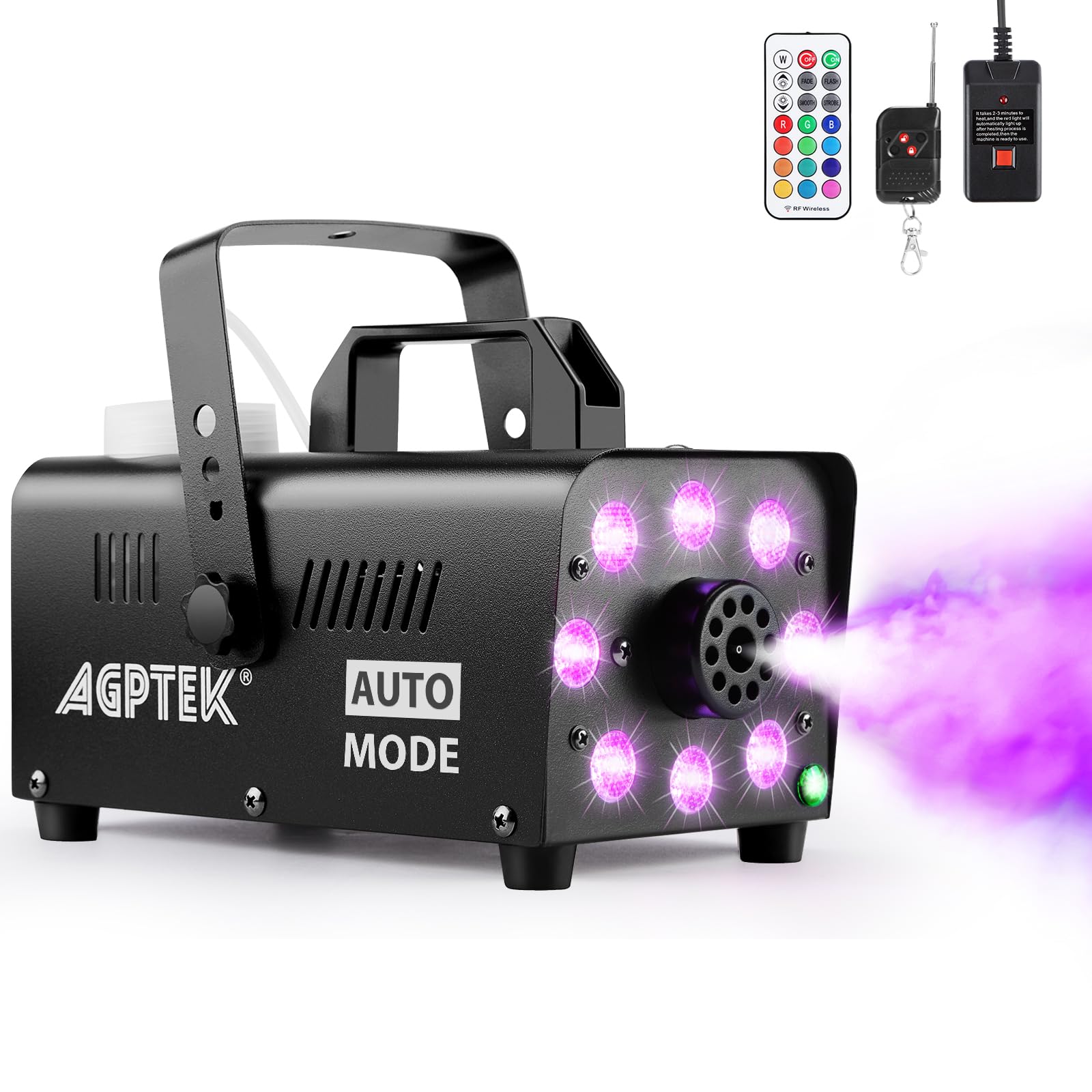 آلة ضباب AGPTEK، آلة دخان بتأثير 13 ضوء LED ملون، ضباب 2000 قدم مكعب في الدقيقة بوضع تلقائي مع جهاز استقبال سلكي واحد وجهازي تحكم عن بعد لاسلكيين، مثالية لحفلات الزفاف والهالوين والحفلات وتأثيرات المسرح