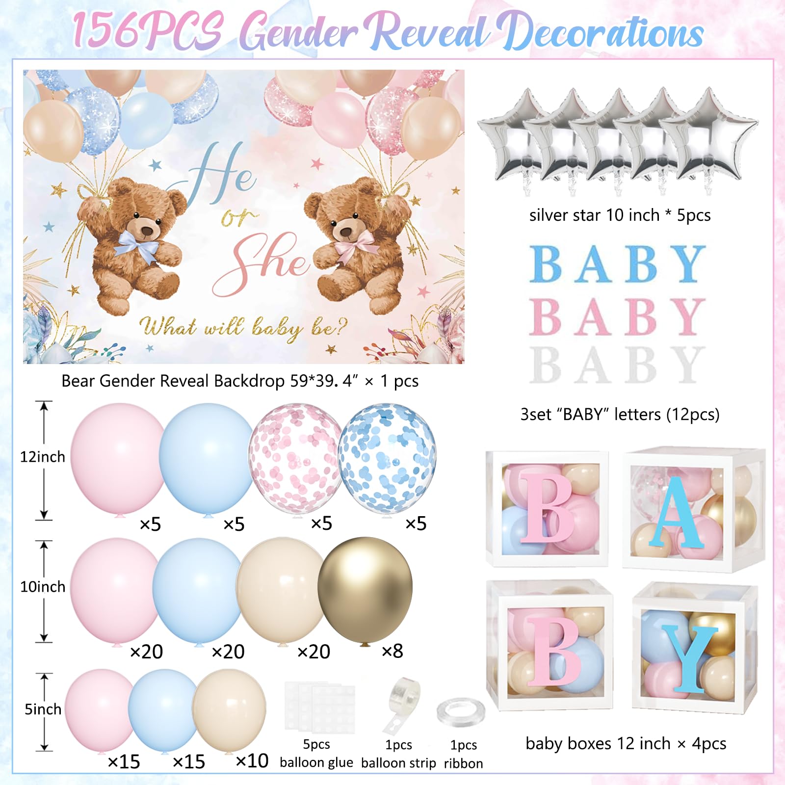 Bear Gender Reveal Balloon Boxes Decorations - 158pcs Pink Blue Balloon Garland Kit, 4pcs Baby Box With Letters, Backdrop for Baby Shower, Boy or Girl Party Supplies