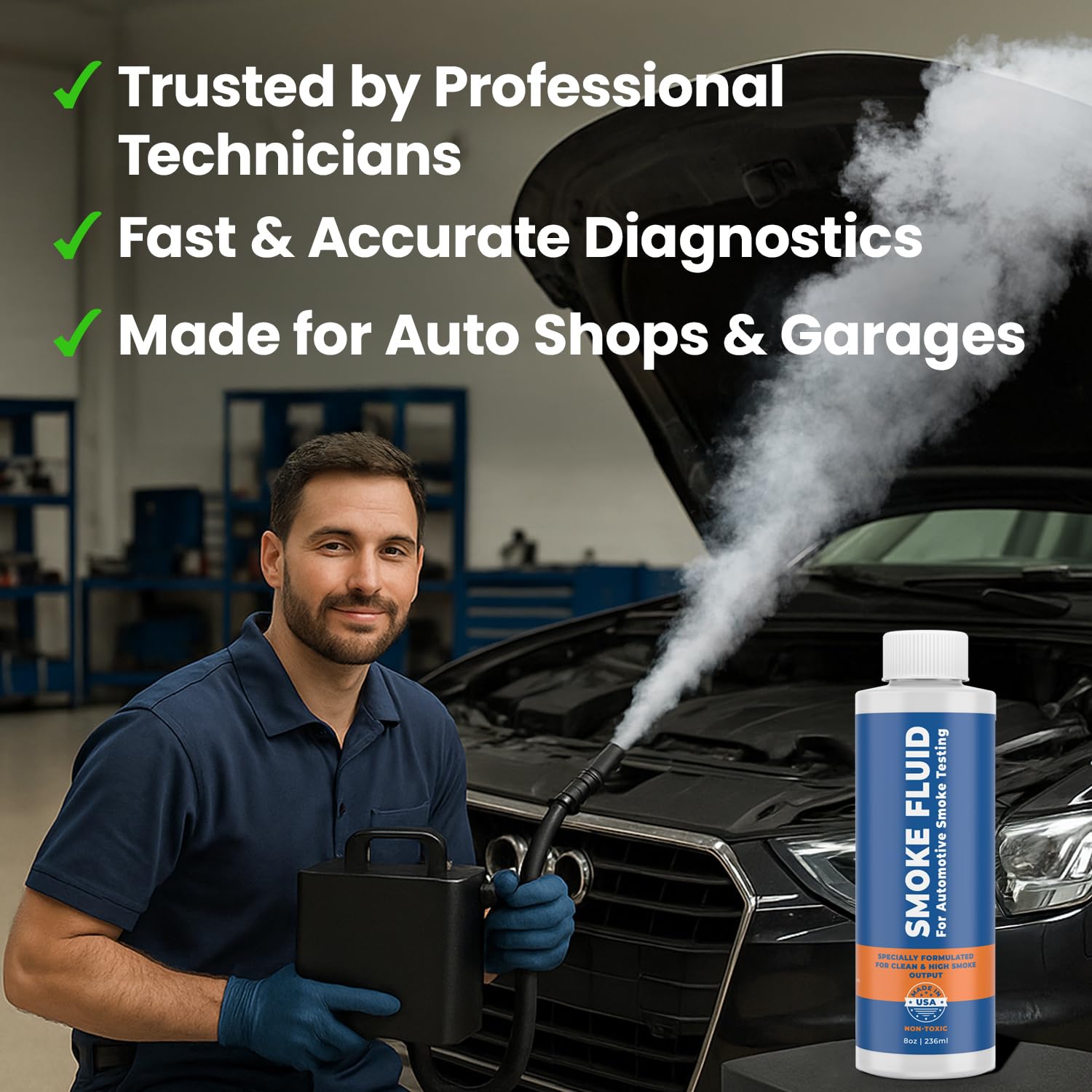 Smoke Fluid Solution for Automotive Smoke Machine Testing - Made in USA - 8oz Liquid Smoke Refill Designed for Automotive Testing - EVAP, Vacuum, Fuel, Intake, Exhaust, Turbo Systems & Super Chargers