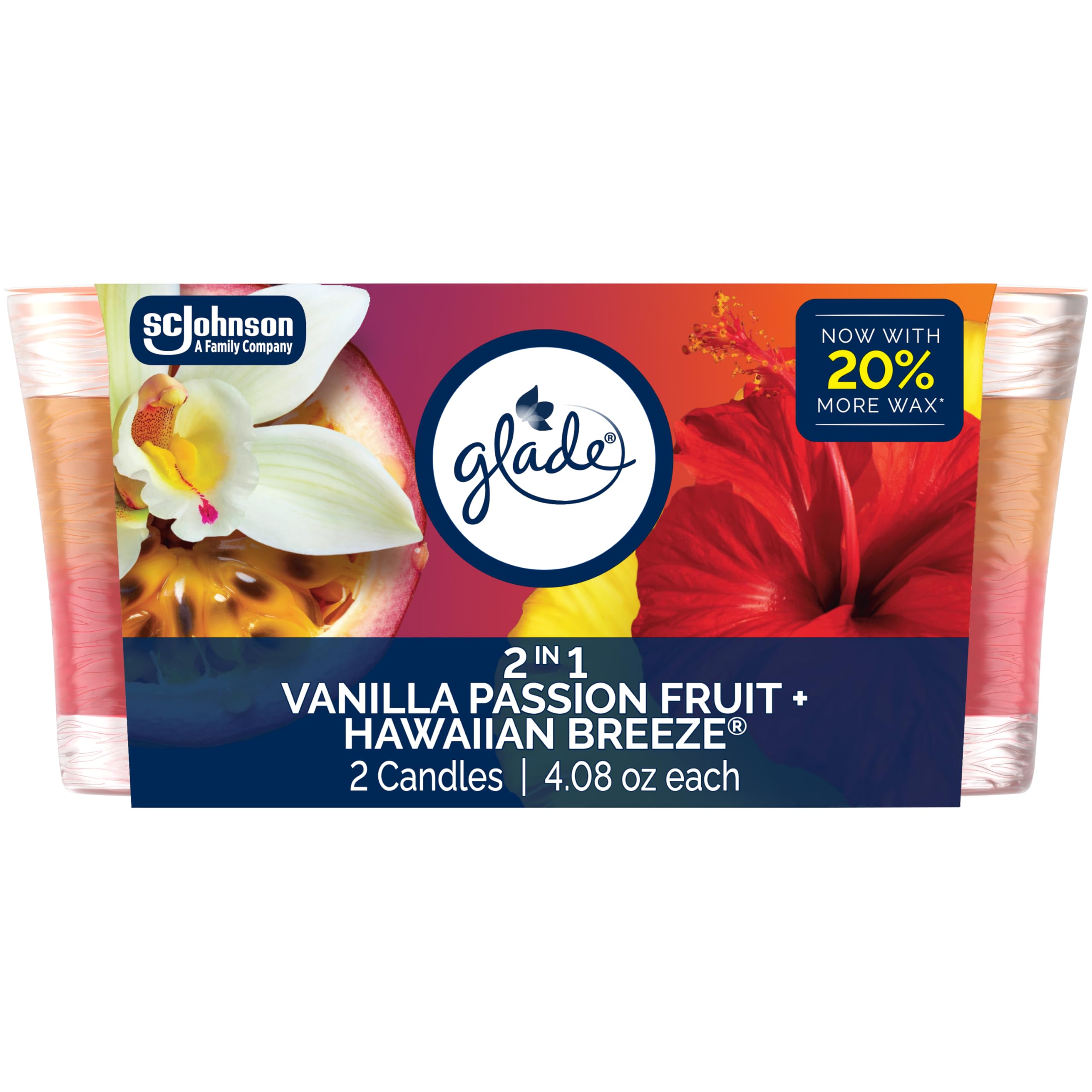 Glade 1-Wick Scented Candle Jar, 2in1 Hawaiian Breeze & Vanilla Passion Fruit, Air Freshener Infused with Essential Oils, 4.08 Oz, 2 Count