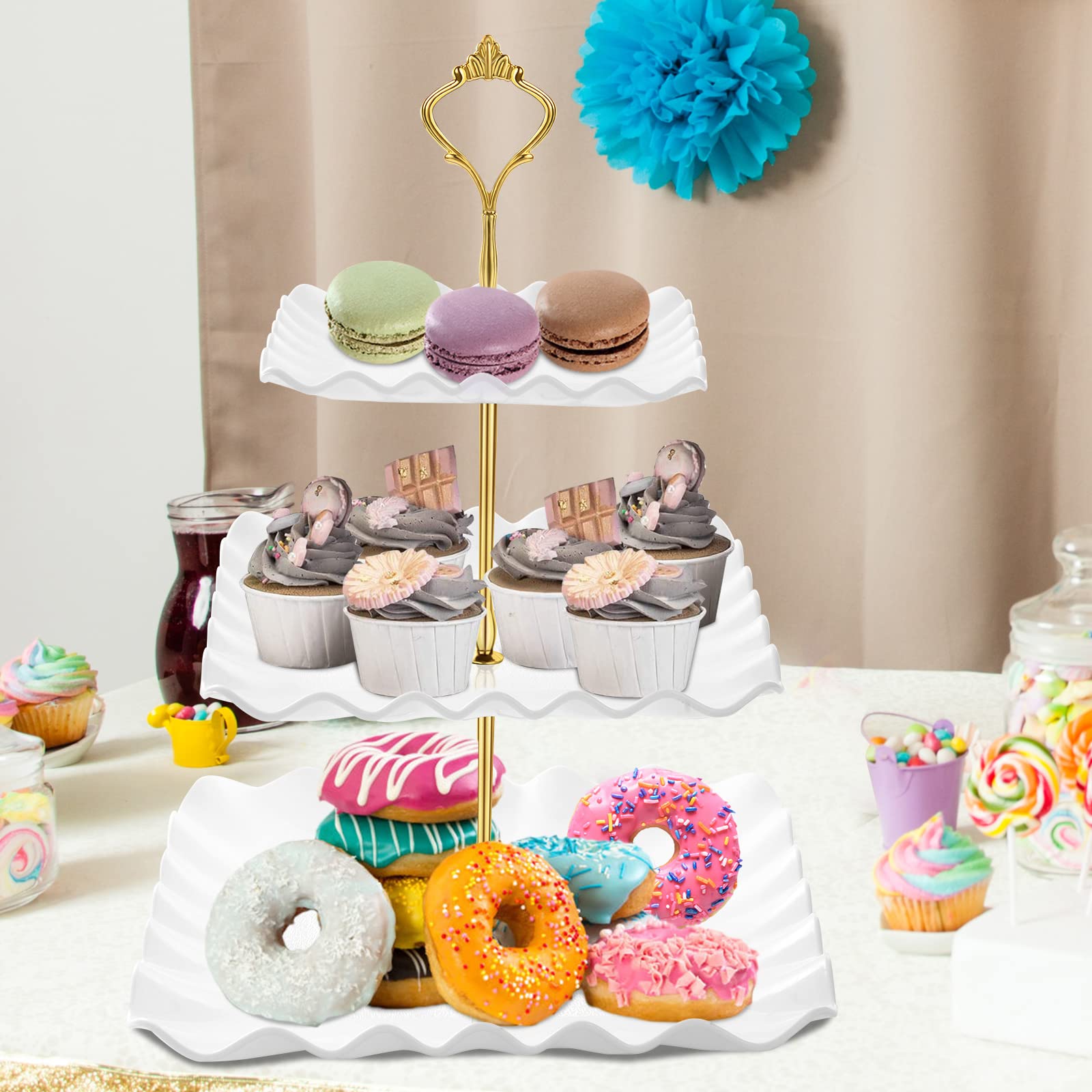 DAFURIET Dessert Cupcake Stand, 3 Tier Cup Cake Holder Tower for Tea Party/Birthday/Wedding, Plastic Tiered Serving Tray with Metal Rod, White
