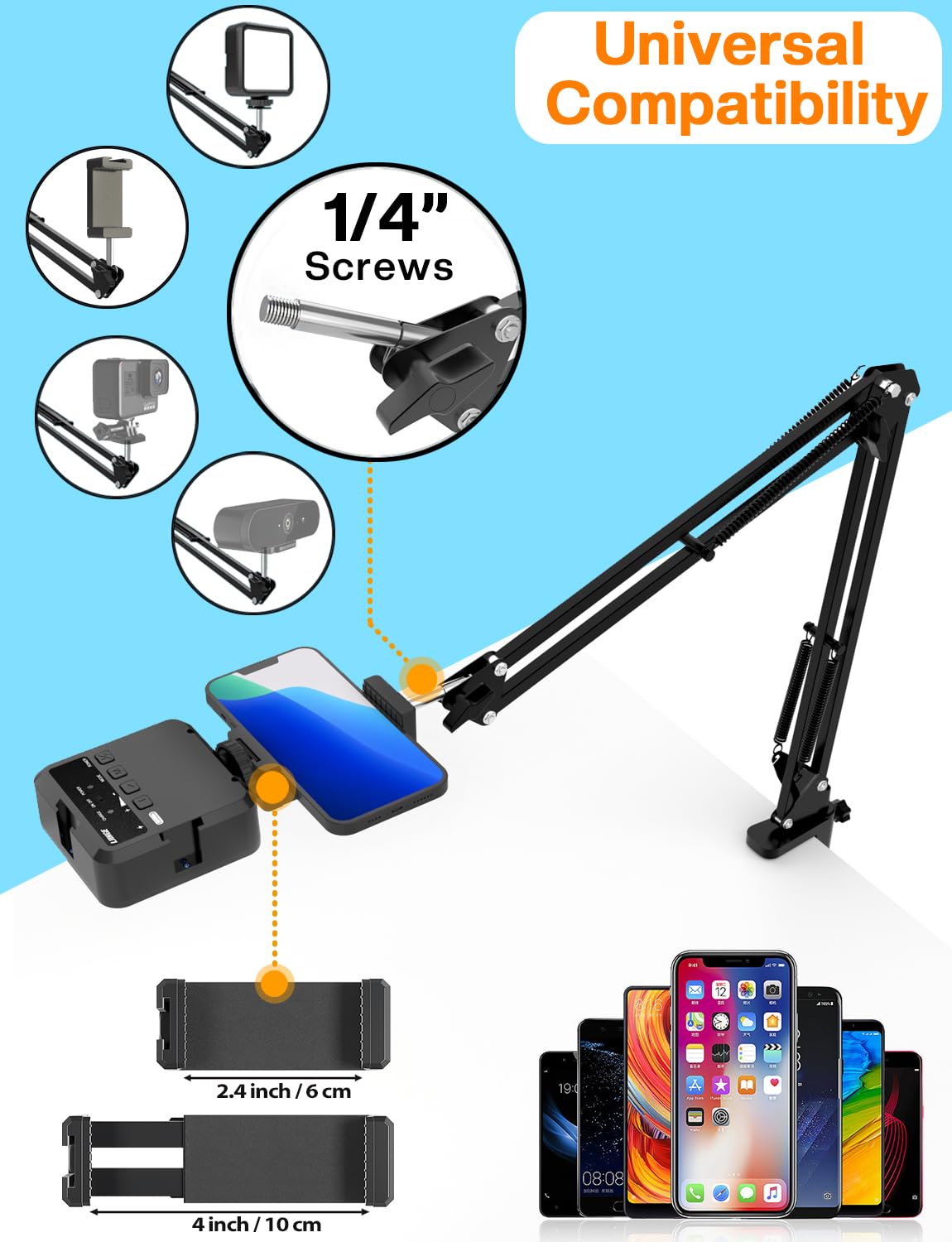 Overhead Phone Mount, Articulating Arm Cell Phone Holder with LED Light, Flexible Phone Stand for Live Streaming, Video Recording, Painting Lighting, Cooking