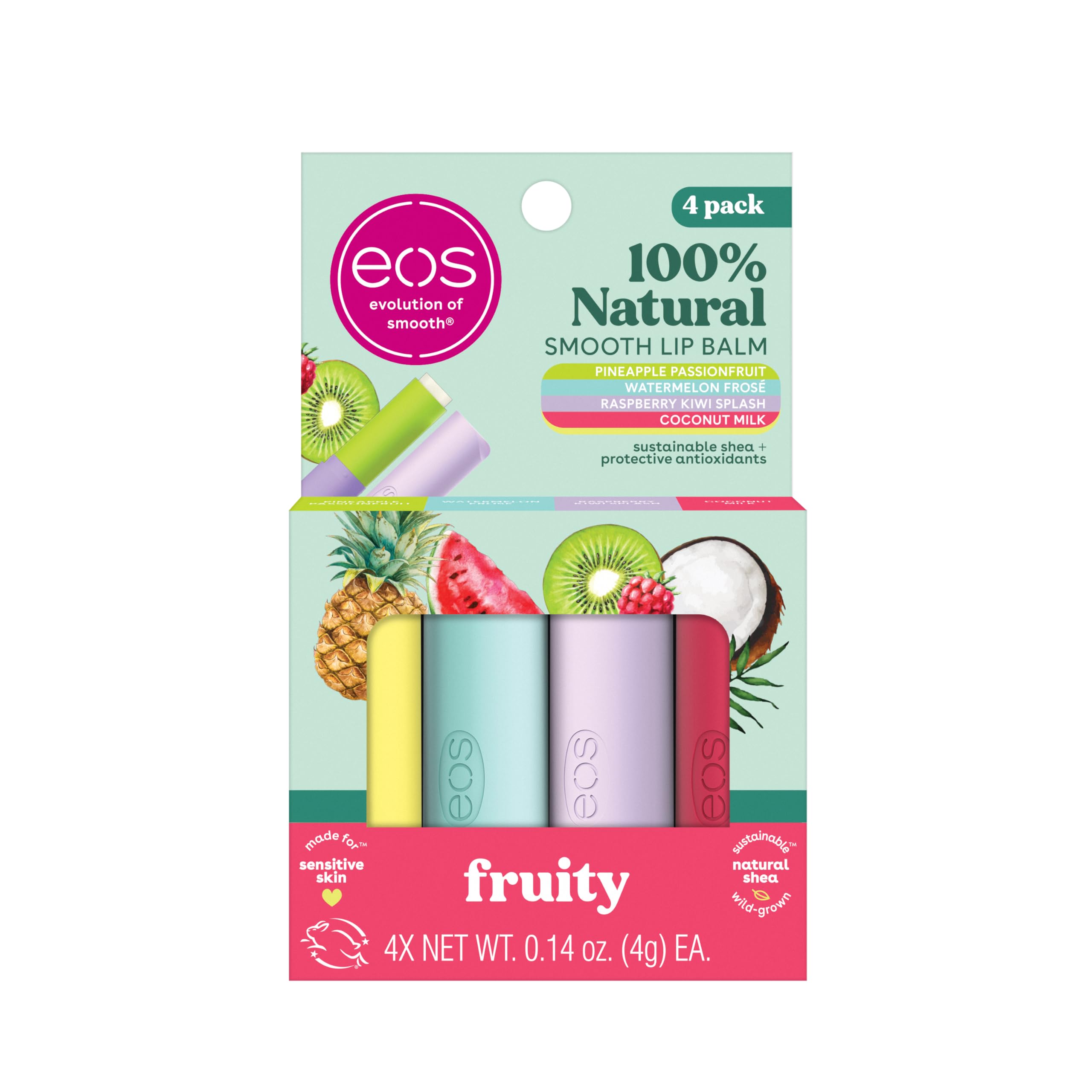 eos 100% Natural Lip Balms- Coconut Milk, Pineapple Passionfruit, Watermelon Frose & Raspberry Kiwi Splash, All-Day Moisture Lip Care, 0.14 oz, 4-Pack