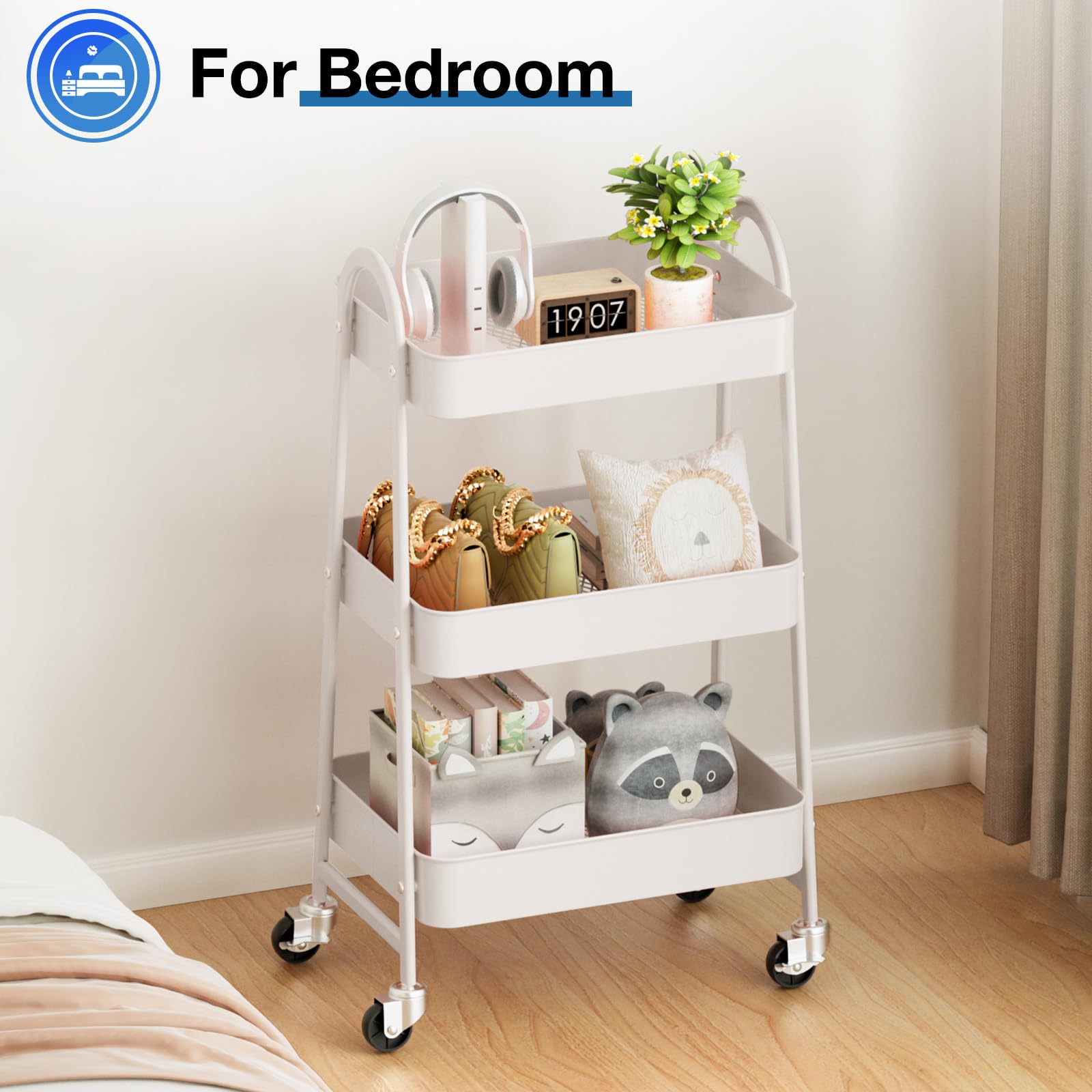 OLIXIS 3 Tier Utility Rolling Cart, Metal Mobile Storage Shelf with Lockable Caster Wheels, Organization for Livingroom, Bathroom, Kitchen, & Narrow Places, White