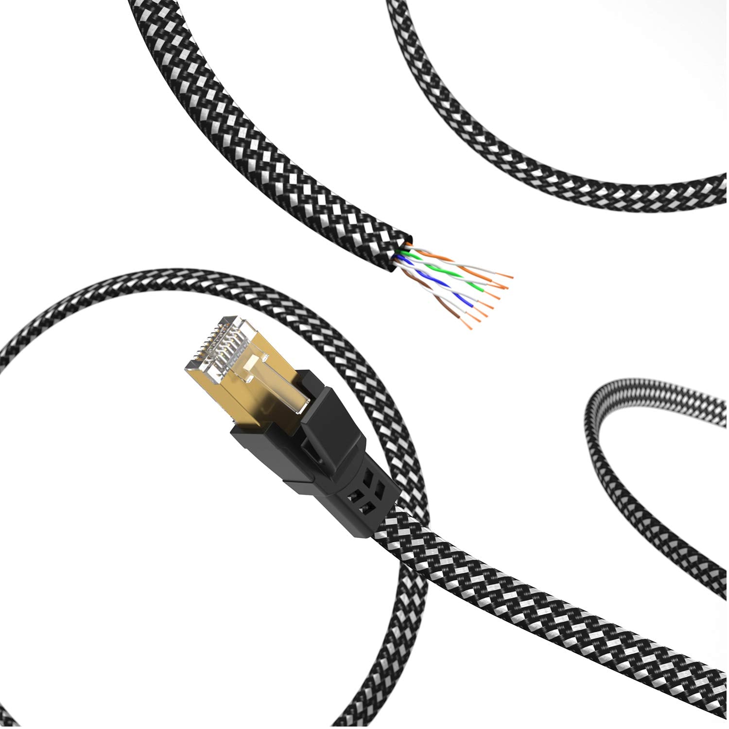 Orbram Cat 8 Ethernet Cable 15 ft, Nylon Braided High Speed Heavy Duty Network LAN Patch Cord, 40Gbps 2000Mhz SFTP RJ45 Flat Internet Cable Shielded in Wall, Indoor&Outdoor for Modem/Router/Gaming/PC