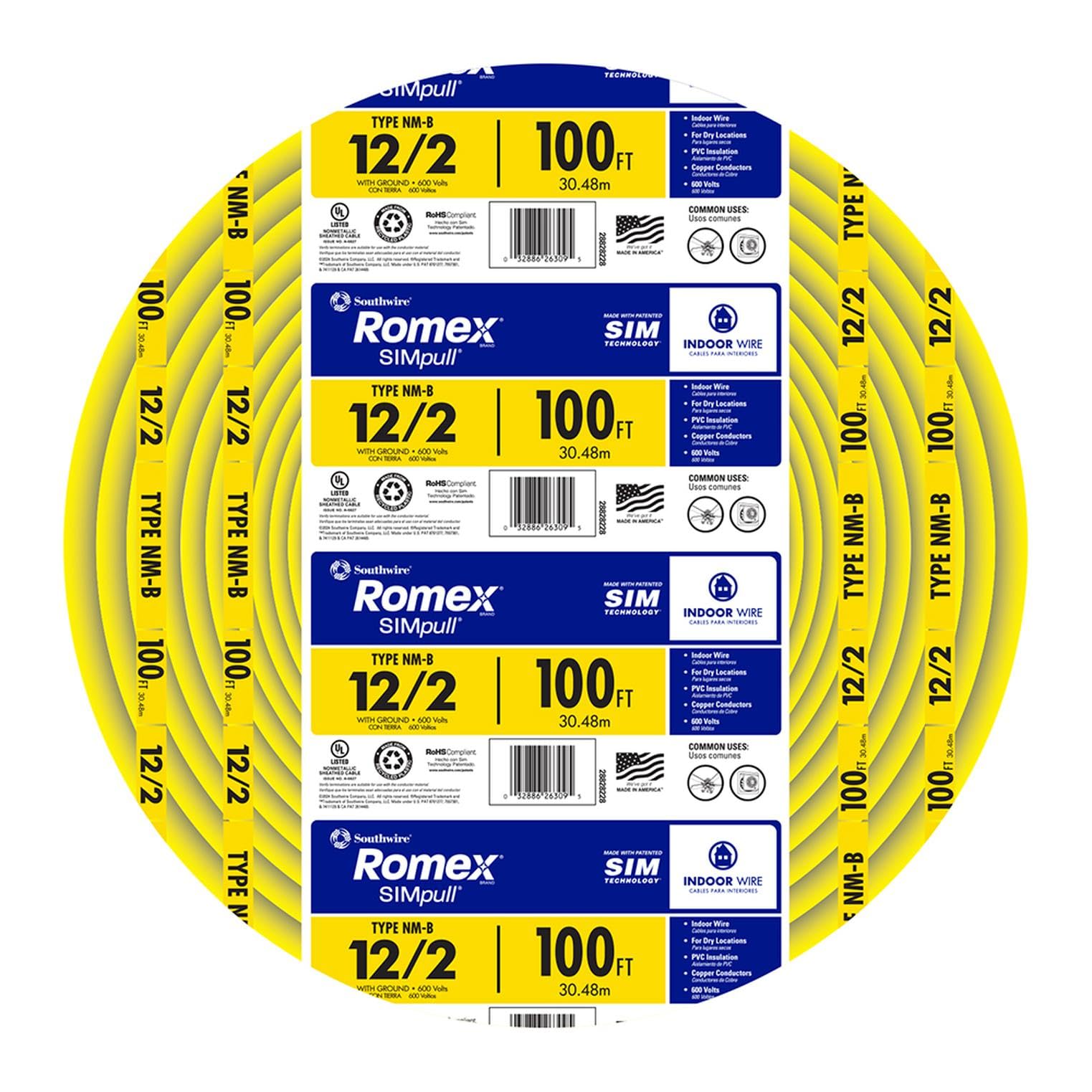 Southwire Romex Brand Simpull Solid Indoor 12/2 W/G NMB Cable 100ft coil - SW# 28828228