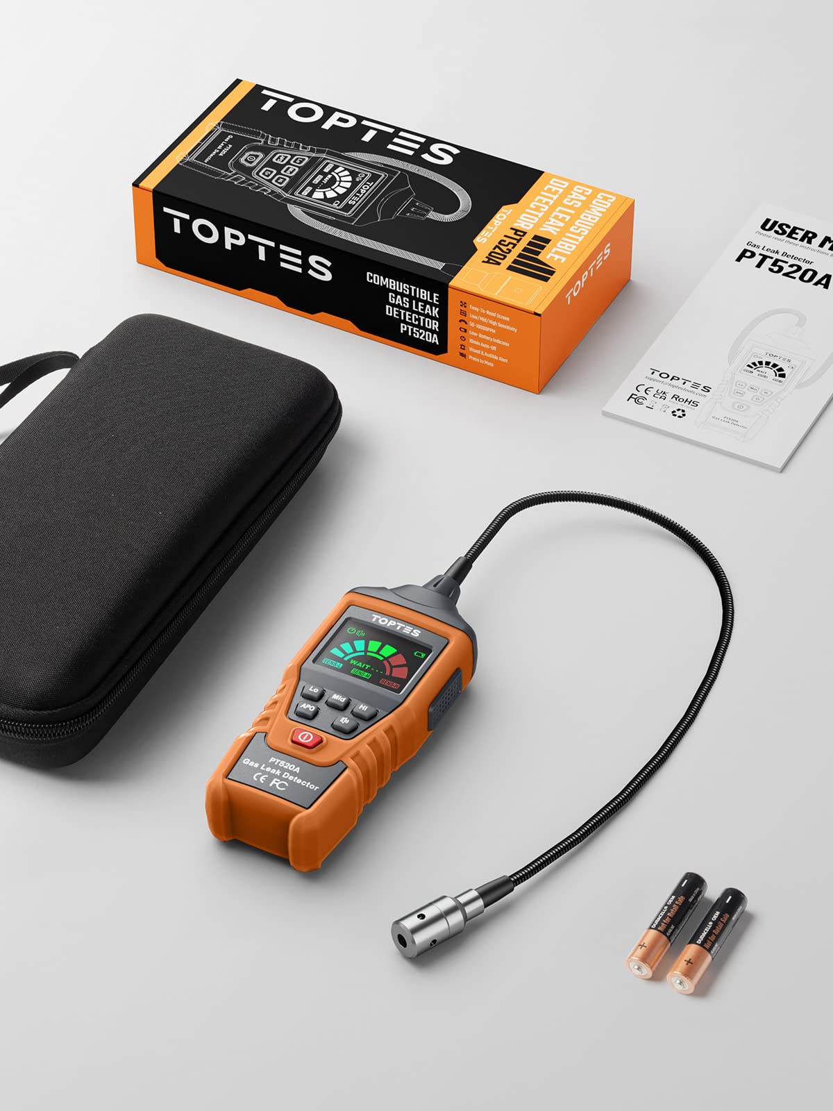 PT520A Natural Gas Detector, Gas Leak Detector with 17-Inch Gooseneck, Locating The Source Like Propane, Methane, and Butane for Home and RV (Includes Battery x3) - Orange