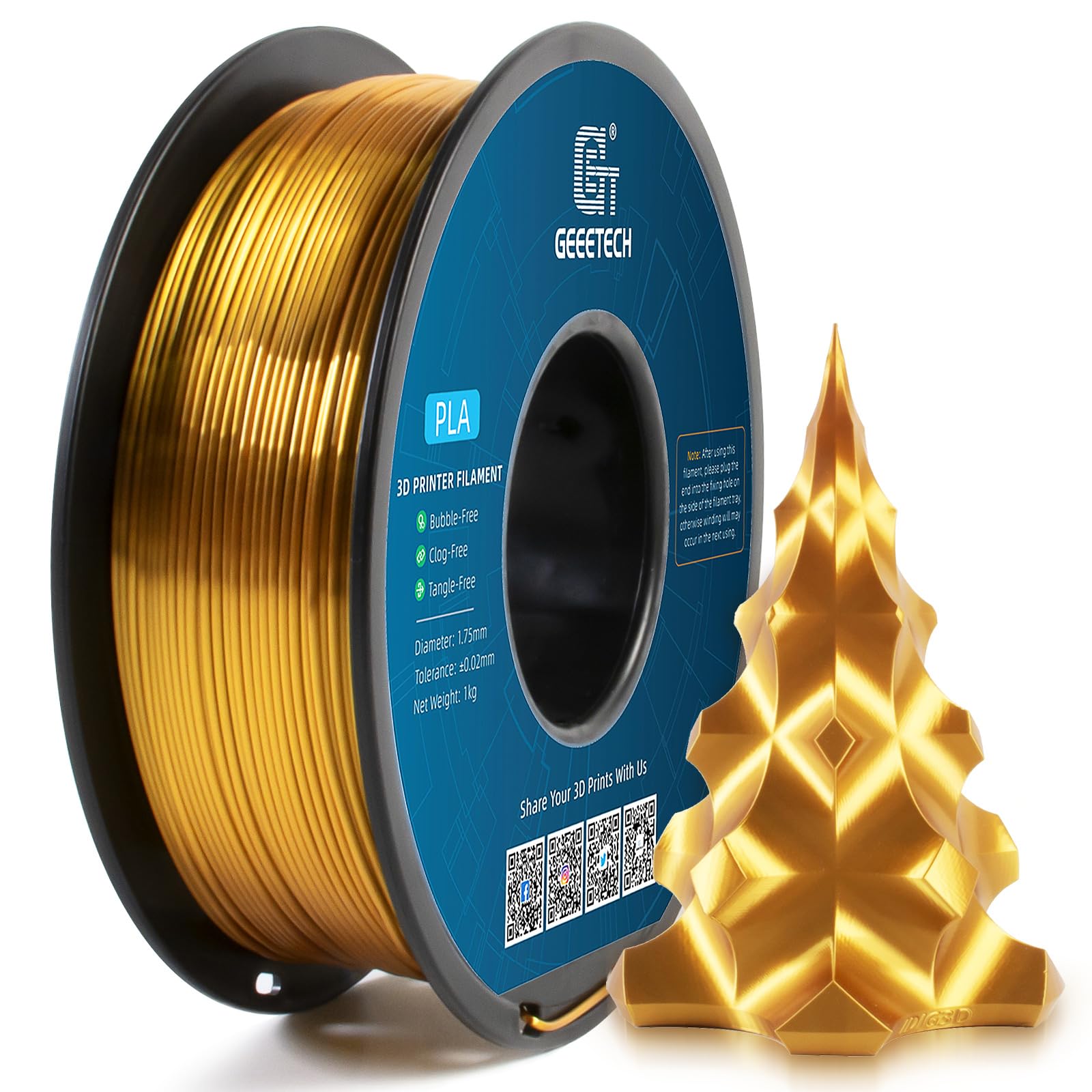 خيوط Geeetech Silk PLA 1.75 ملم للطابعة ثلاثية الأبعاد، مواد استهلاكية لامعة شبيهة بالمعادن 1 كجم (2.2 رطل) بكرة واحدة، دقة الأبعاد +/- 0.02 ملم، خيوط حريرية ذهبية معدنية