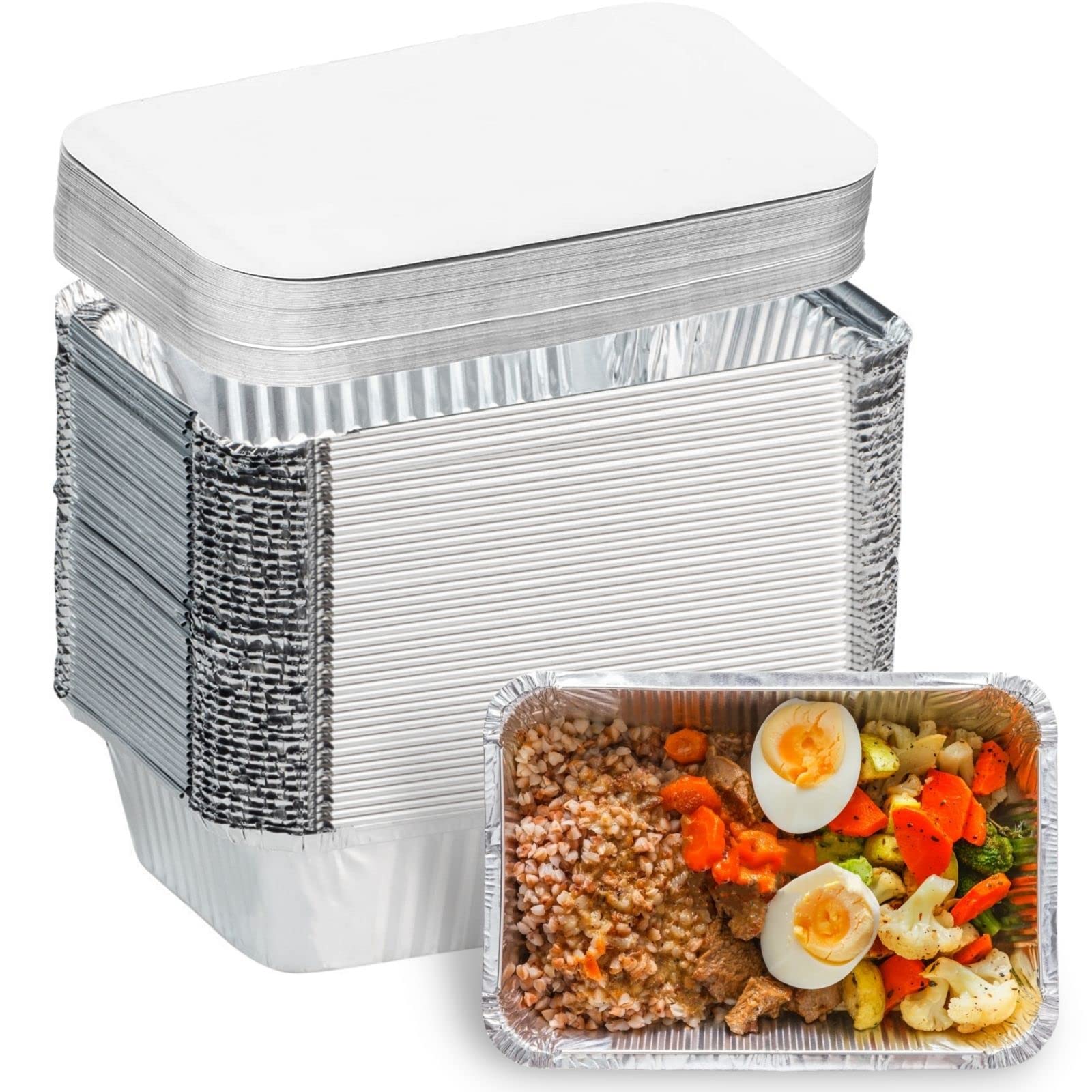 Aluminum Pans with Lids (50-Pack, 8.5"x6") 2.25 LB Capacity Foil Food Containers with Lids - 50 Pans and 50 Cardboard Covers - Disposable Tin Foil Pans - for Baking, Meal Prep and Freezer, Takeout