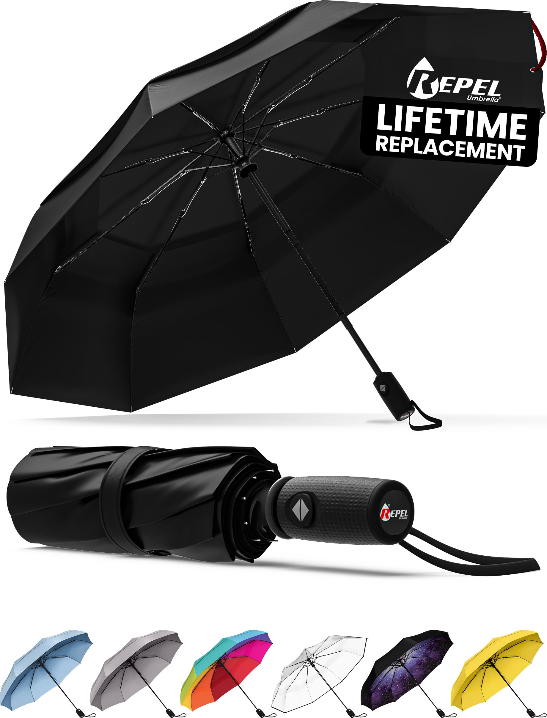 REPEL Windproof Travel Umbrella - Compact & Withstands Winds up to 85MPH, Strongest Premium Auto Folding Umbrella for Rain and Sun - Durable, Light & Portable for Women & Men, Fits Backpack & Cars