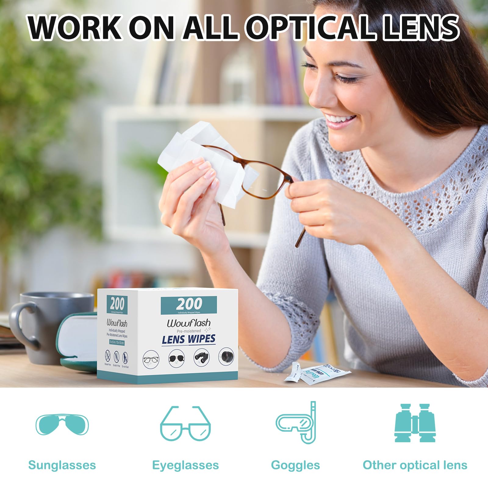 200 Count Lens Wipes for Eyeglasses, Eyeglass Lens Cleaning Wipes Pre-moistened Individually Wrapped Sracth-Free Streak-Free Eye Glasses Cleaner Wipes for Sunglass, Camera Lens, Goggles