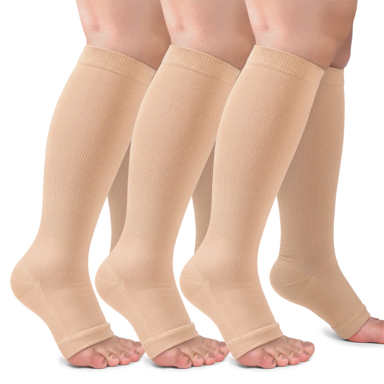 CTHH 3er-Pack offene Kompressionsstrümpfe für Damen und Herren, zehenlose Kniestrümpfe zur Unterstützung der Durchblutung, Nude Large-X-Large