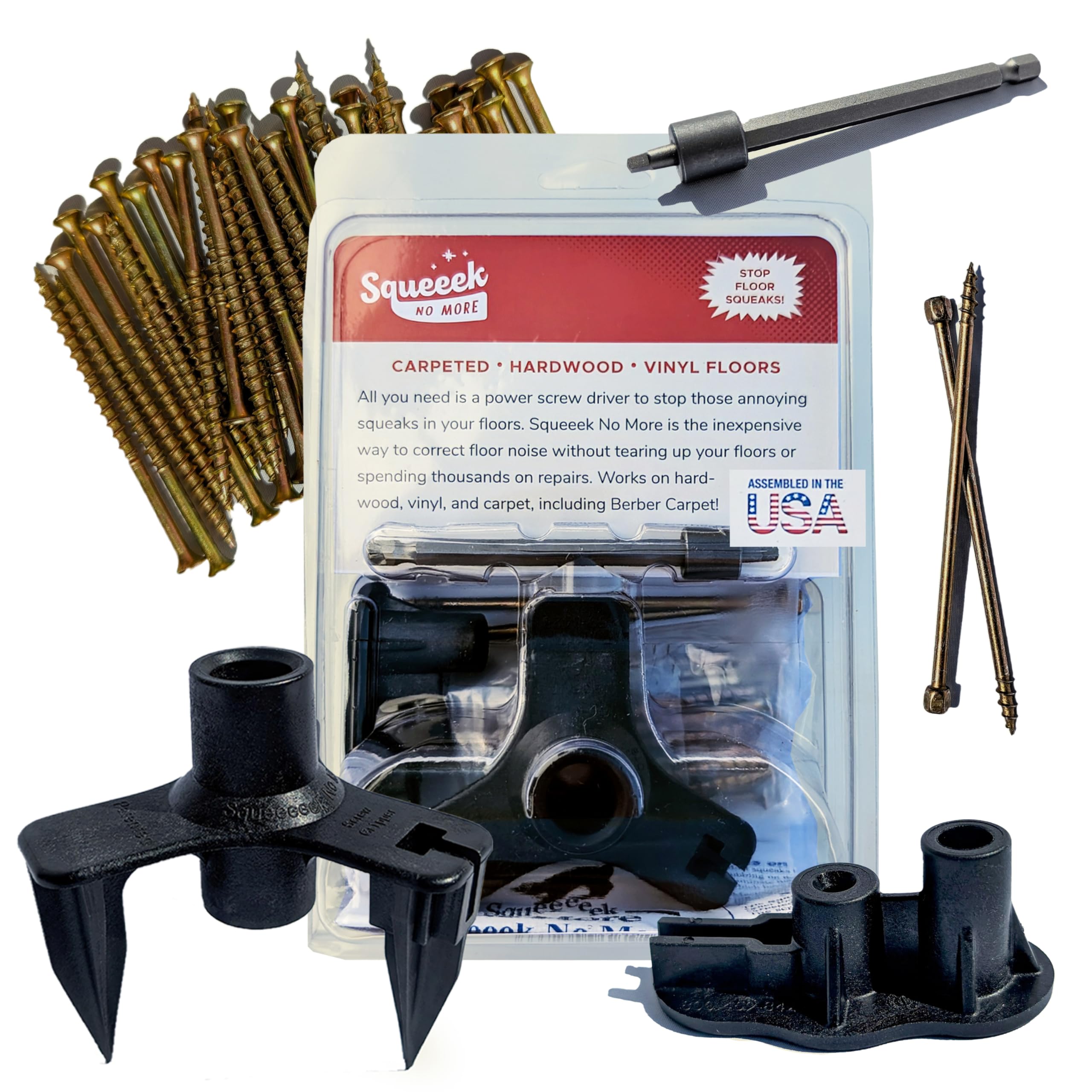SQUEEEK NO MORE Squeaky Floor Repair Kit for Hardwood, Carpet, Vinyl & Linoleum - Complete Floor Squeak Repair Kit Includes Joist Finder Drill Bits, Tripod Fixture and 50 Counter-snap Screws