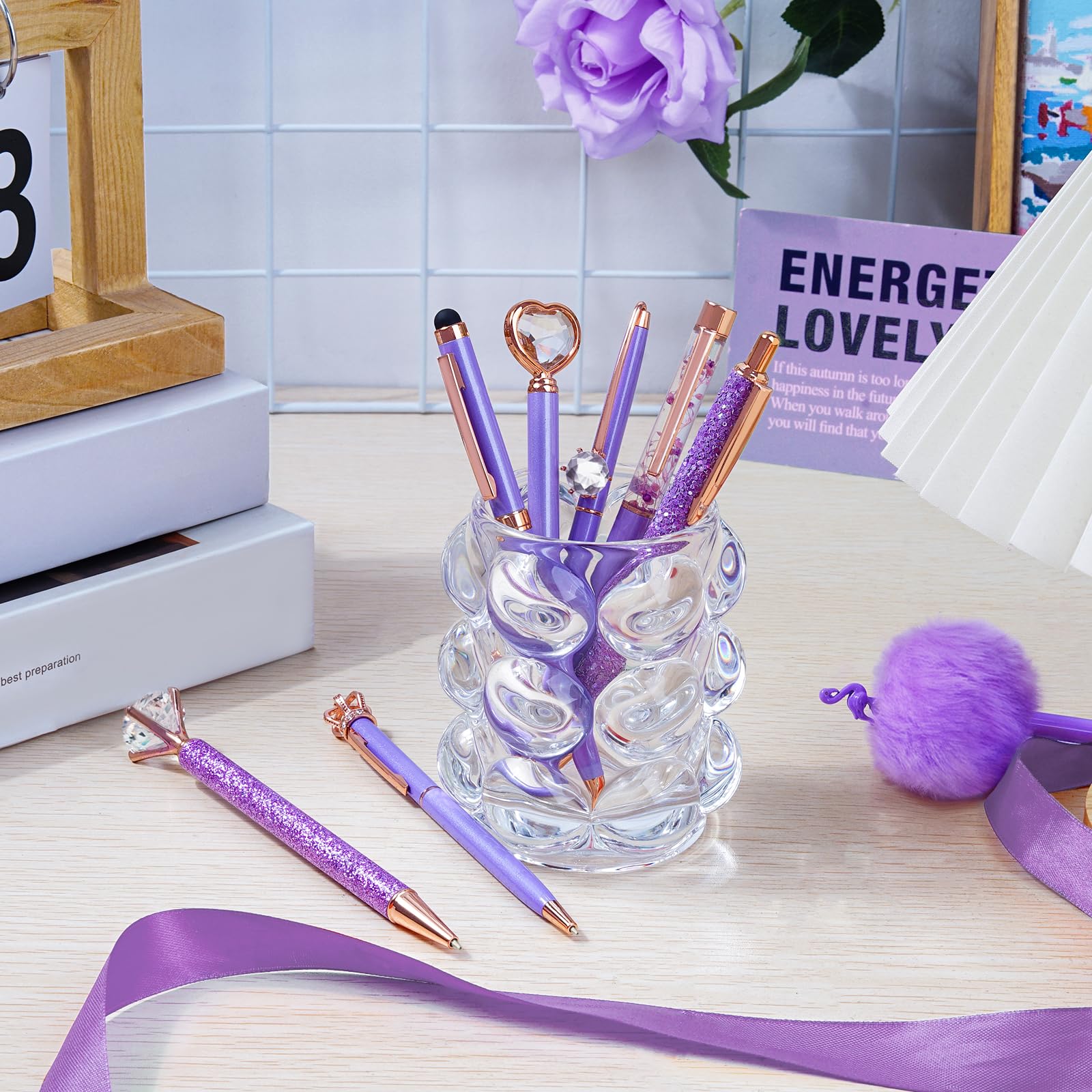 WEMATE 8Pcs Purple Pens, Metal Crystal Diamond Pen with Black & Blue Ink, Pens for Journaling, Office Supplies Fancy Pens for Women, Back to School Supplies for Girls Birthday (Purple)