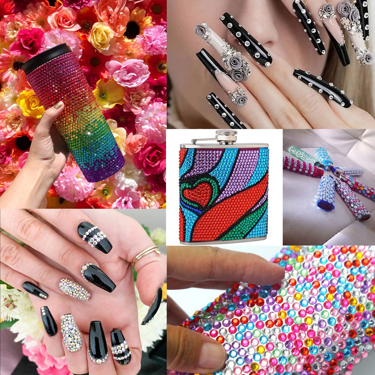 Flat Back Rhinestone Kits Colorful Rhinestones+Crystal AB&Transparent White Face Gems Nail Gem with Quick Dry Makeup Glue+Picker Pencil+Tweezer for Bedazzling Face Makeup and Nail Art