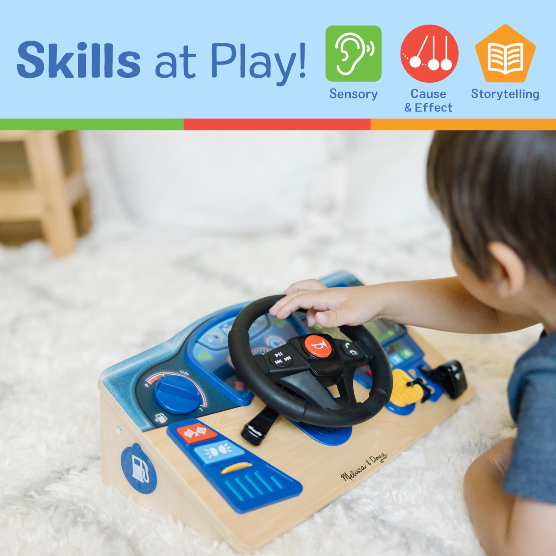 Melissa & Doug Vroom & Zoom, Interactive Wooden Dashboard, Racing Car Steering Wheel Toy, Lights & Sounds, Preschool Learning Toys for Girls & Boys 3+ - FSC Certified