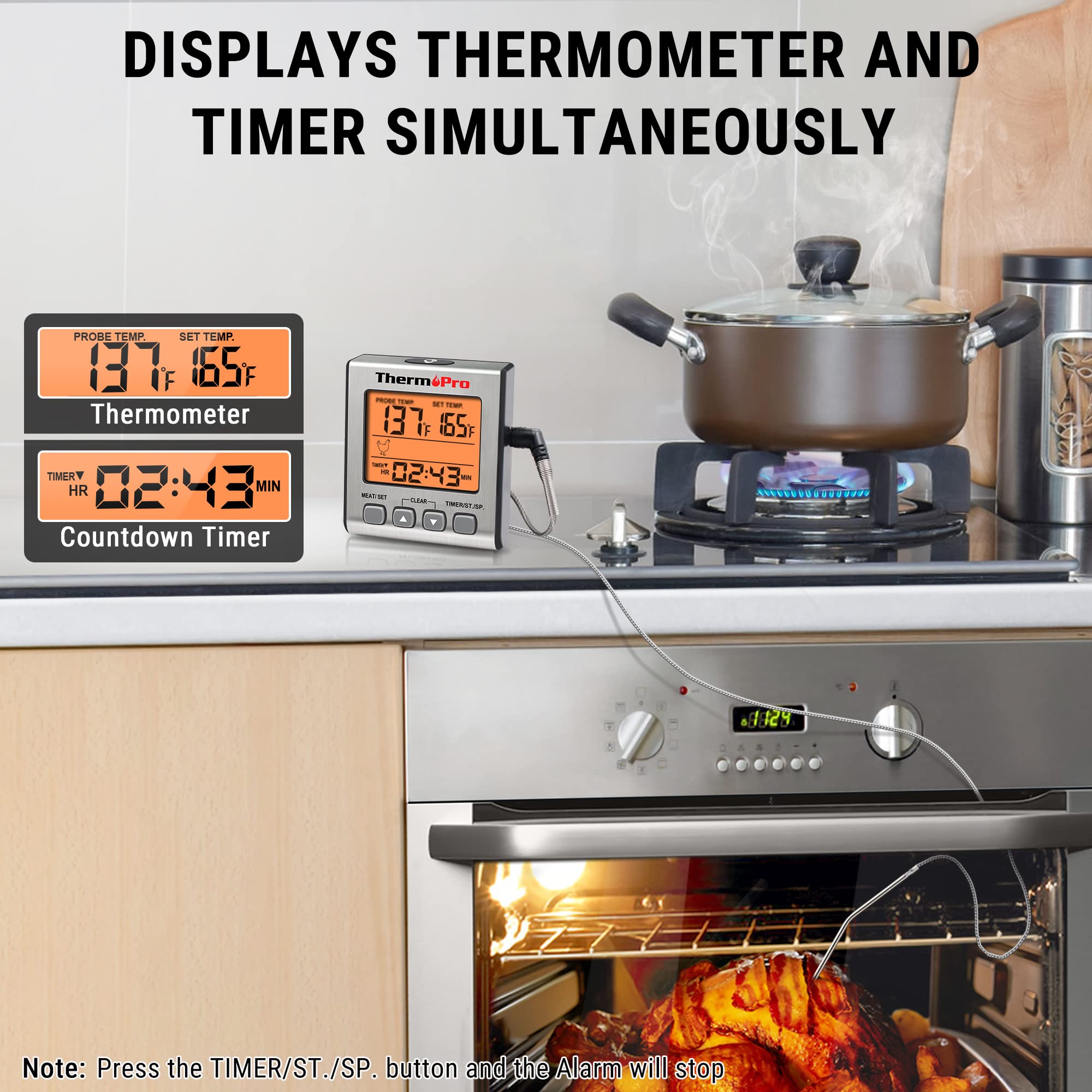 ThermoPro TP16S Digital Meat Thermometer for Cooking and Grilling, BBQ Food Thermometer with Backlight and Kitchen Timer, Grill Temperature Probe Thermometer for Smoker, Barbecue, Oven, Baking,Oil
