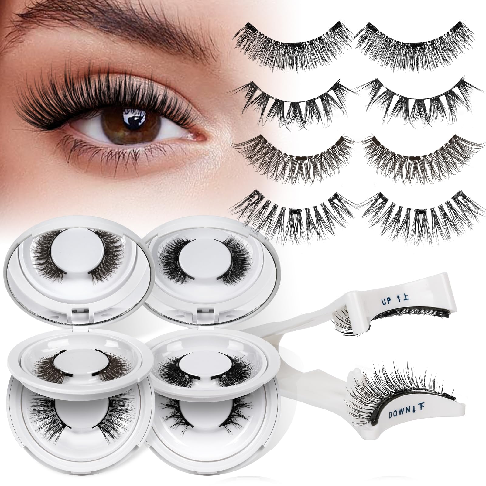 QUEWEL 4 Pairs Magnetic Eyelashes Natural Look, Reusable Magnetic Eyelashes with Applicator, No Glue Needed Lash Clusters Kit, Easy to Wear and Remove(4 Pairs-A02)