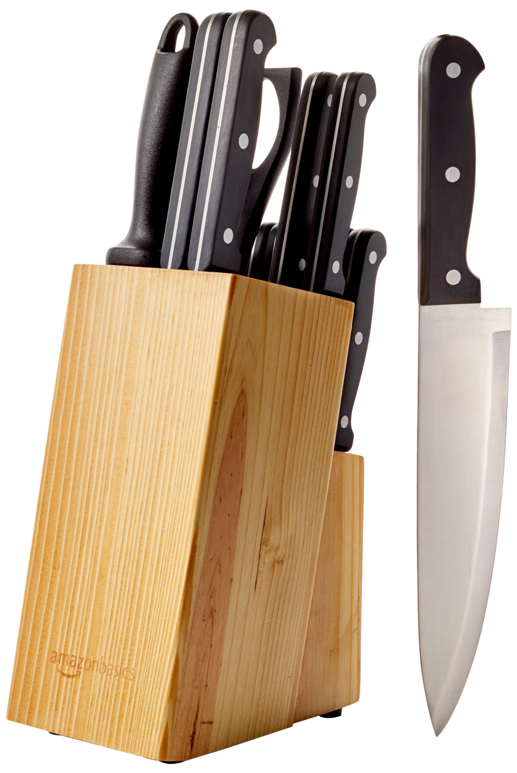 Basics 14-Piece High Carbon Stainless Steel Kitchen Knife Set with Sharpener and Pinewood Block, Black