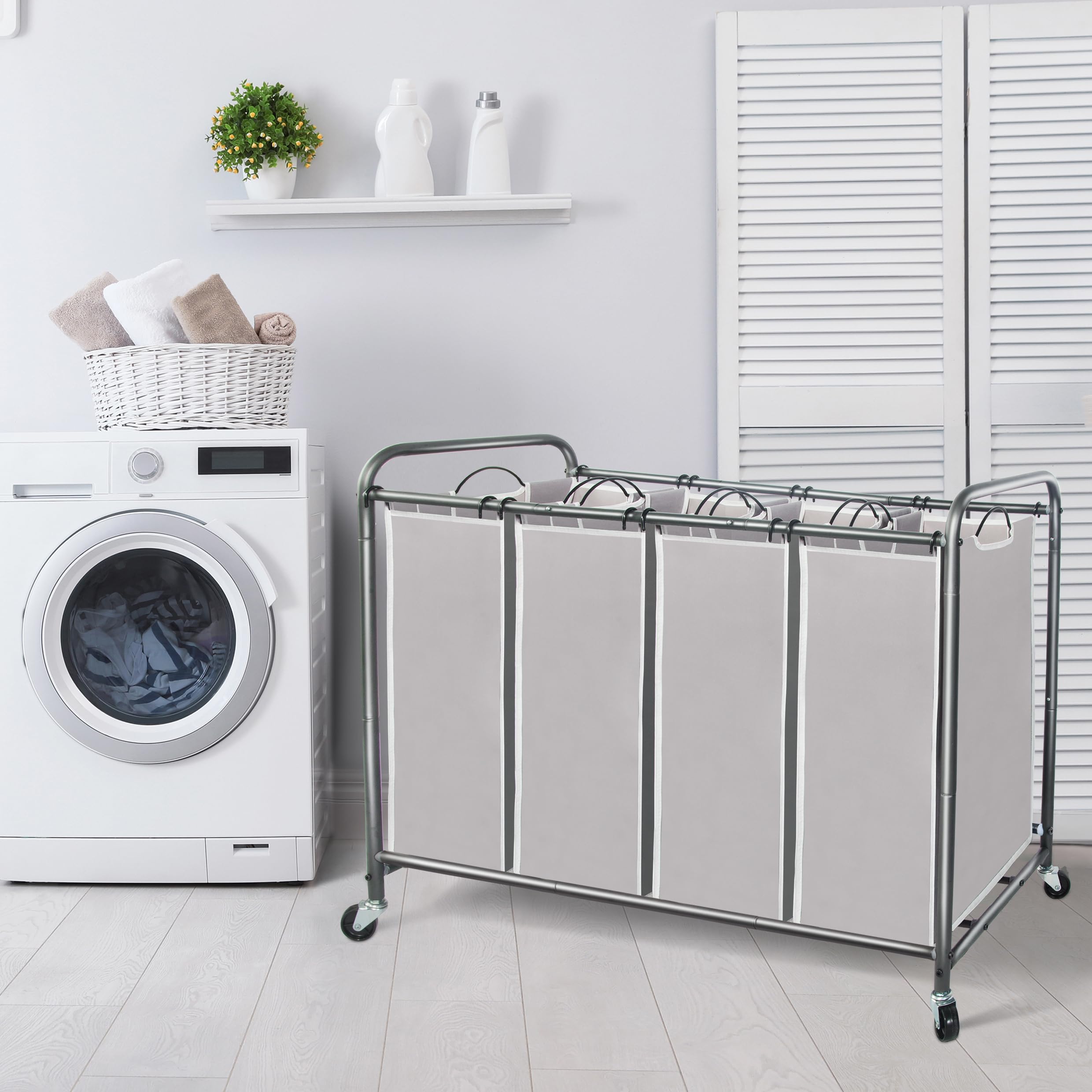 STORAGE MANIAC Laundry Sorter 4 Section, 47.8 Gal (181 L) Laundry Hamper with Wheels, Clothes Divider Basket Sorter, Clothes Separator Hamper Cart with Wheels and Removable Bags, Gray