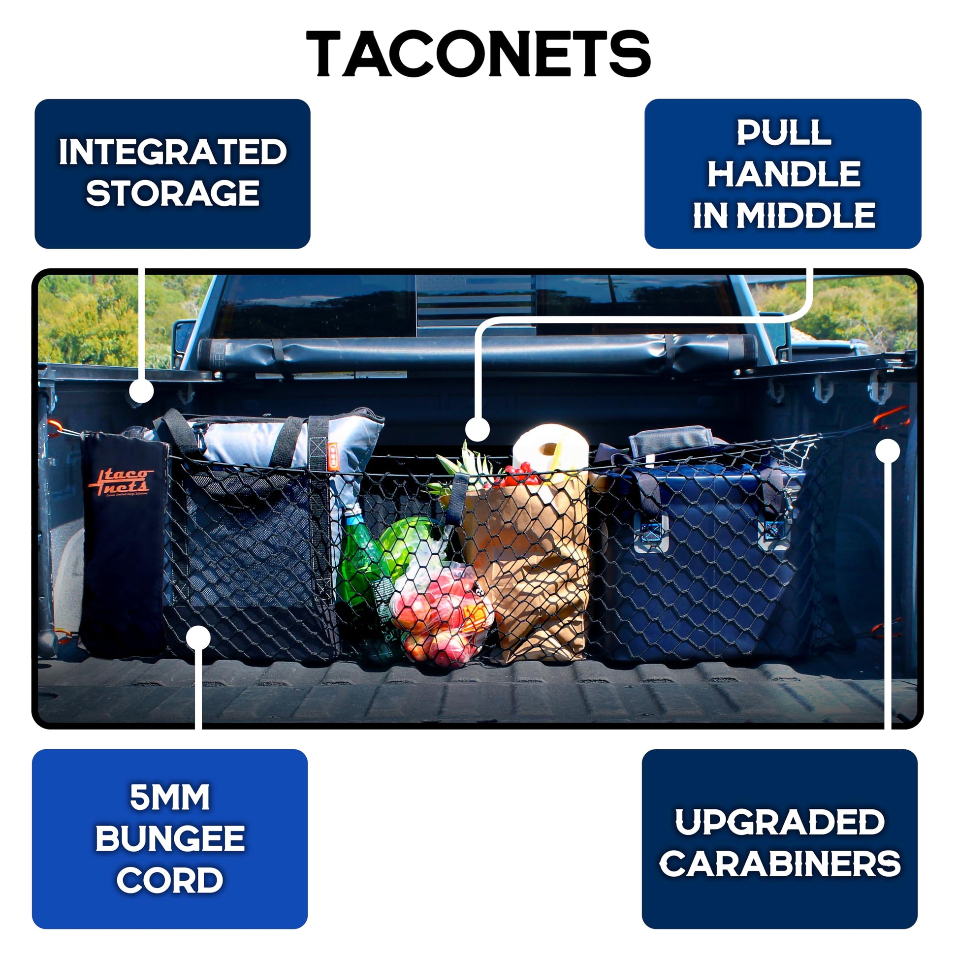 TacoNets Envelope Cargo Net for GMC Sierra & Chevy Silverado - Fits 2013-2025 - Upgraded 5mm Bungee - Integrated Storage Bag - Heavy Duty Carabiners - Designed in USA - 18" x 50"