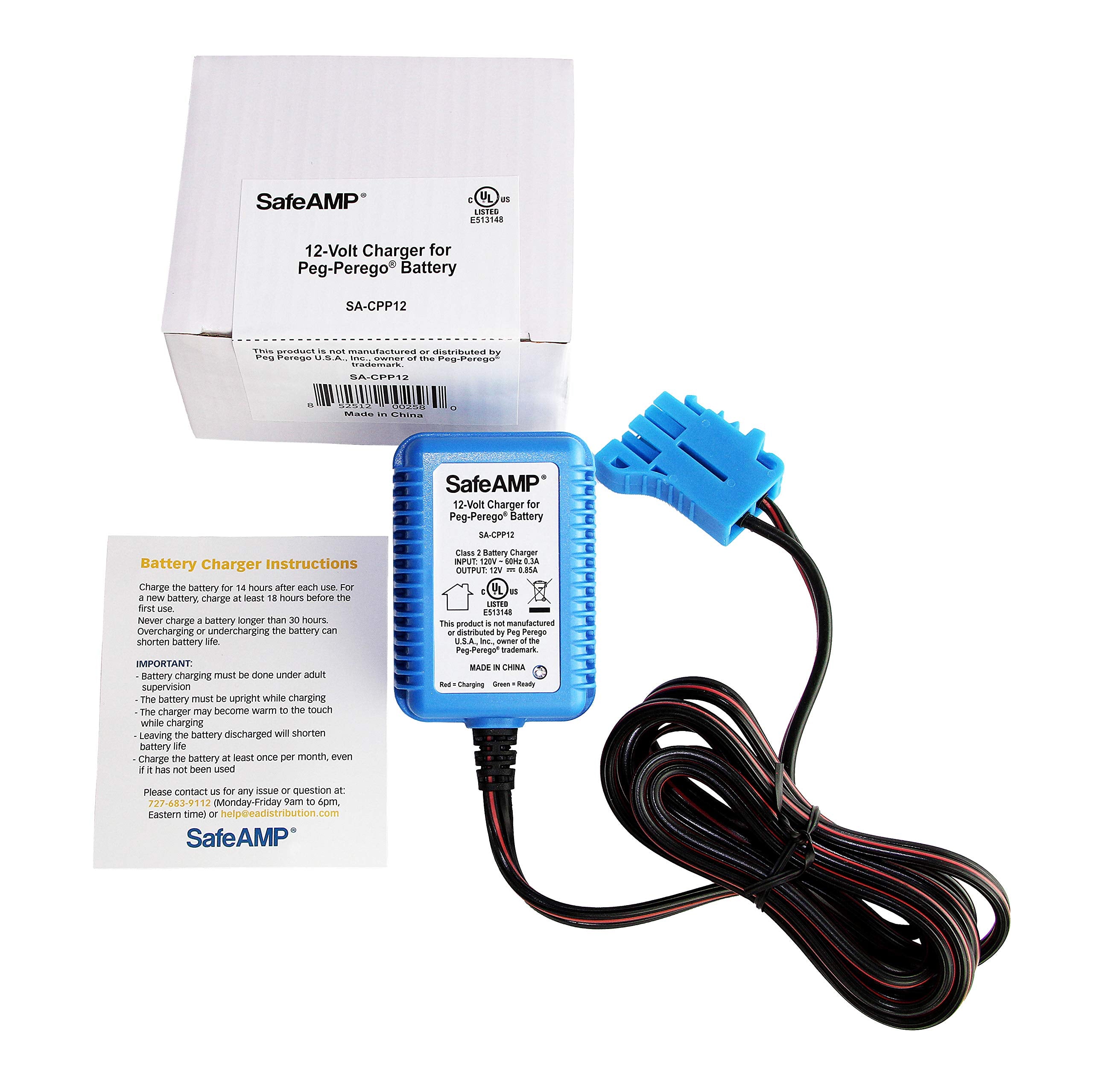 SafeAMP 12 Volt UL Listed Battery Charger Compatible with Peg Perego® 12V Battery for John Deere Ground Force Tractor, John Deere Gator XUV Polaris RZR 900 Powered Ride On Car