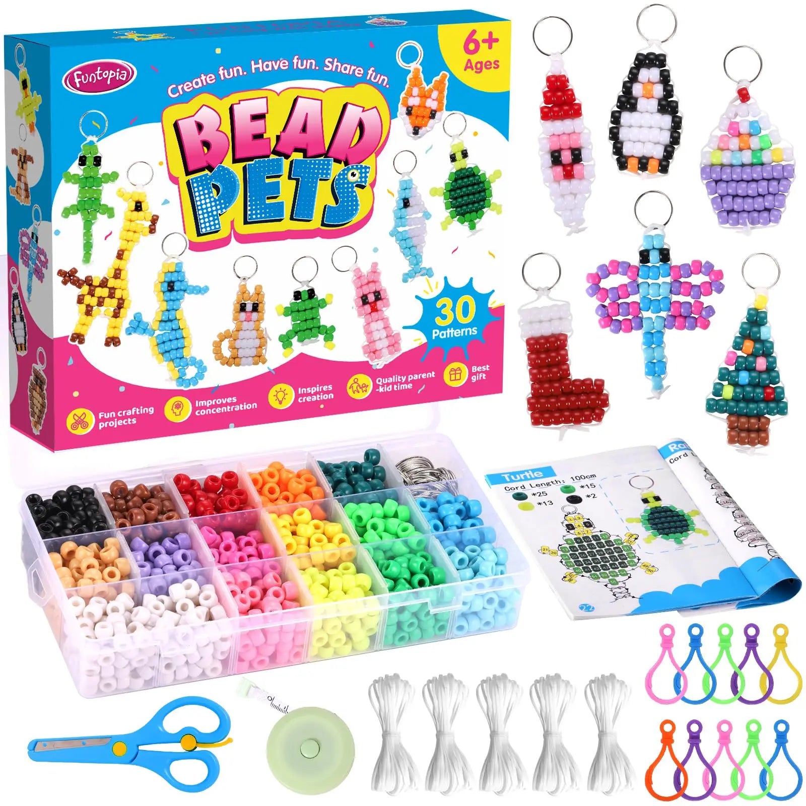 Funtopia Beads for Crafts, Pony Beads Keychain Making Kit, Bead Pets Art Crafts for Kids Beginners, Birthday Party DIY Craft for Girls Boys (1500 Beads, 30 Designs)