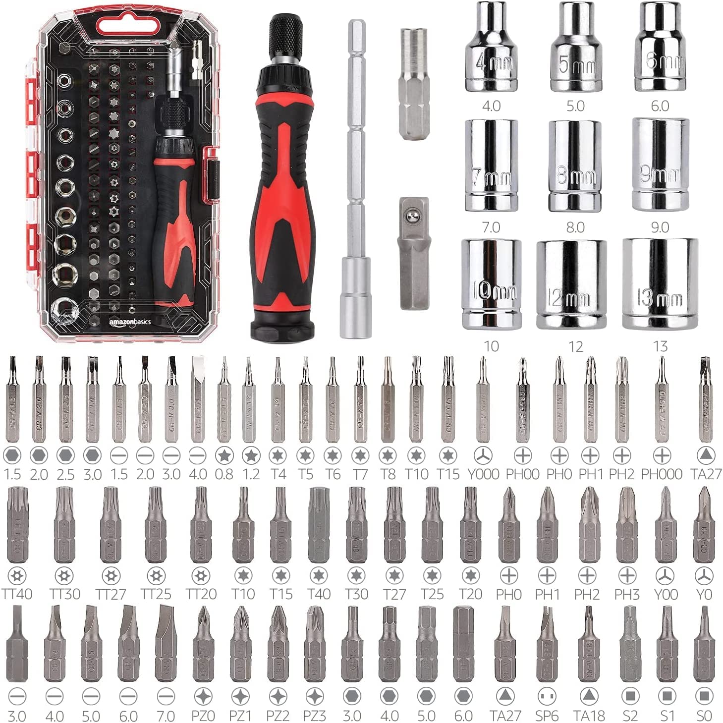 Basics Magnetic Ratcheting Wrench and Electronics Precision Screwdriver Set, 73 count (Pack of 1), Black/Red/Silver