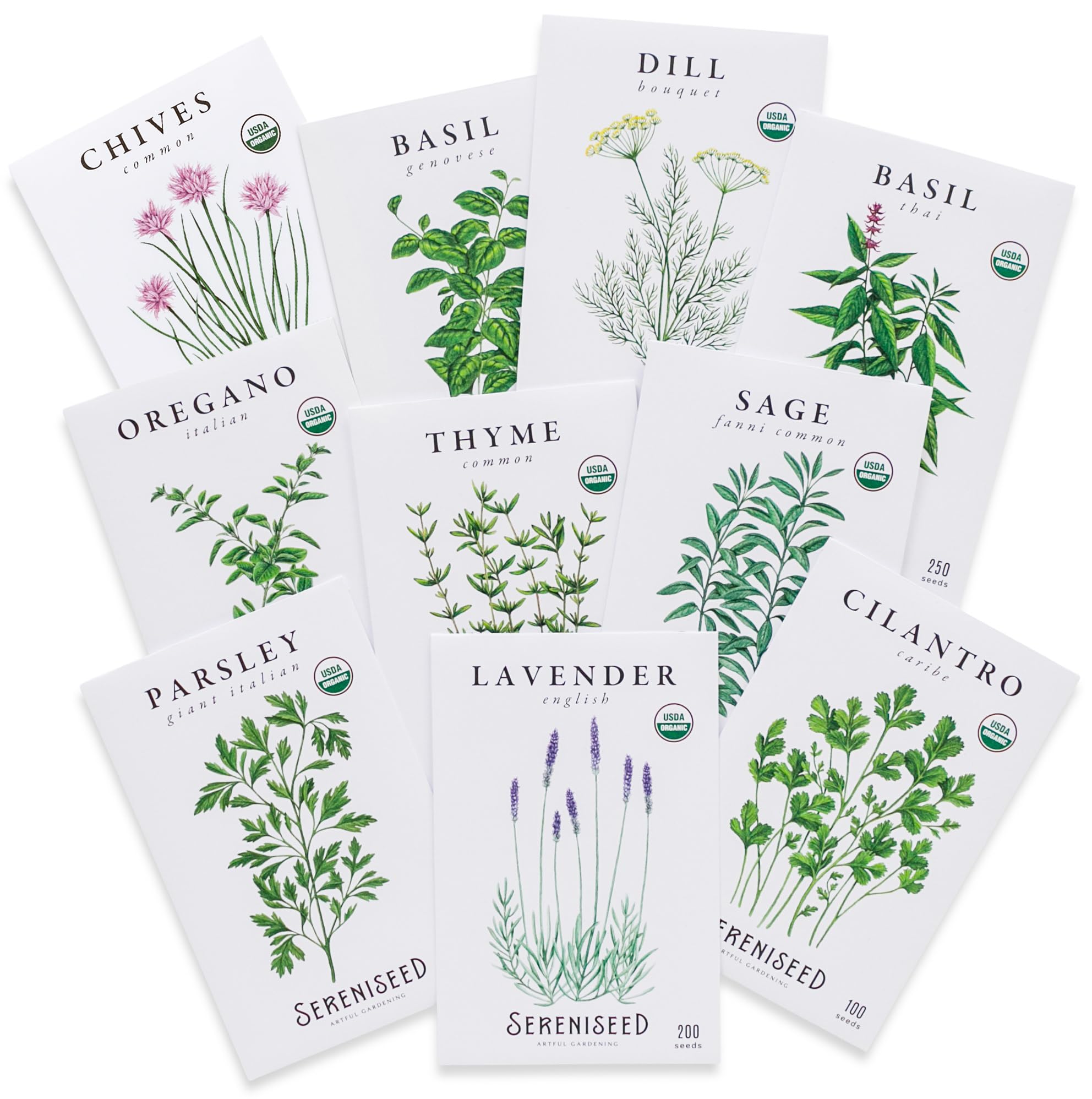 Sereniseed Certified Organic Herb Seeds (10-Pack) - Non GMO, Heirloom - Seed Starting Video - Basil, Cilantro, Oregano, Thyme, Parsley, Lavender, Chives, Sage, Dill Seeds for Indoor & Outdoor Planting