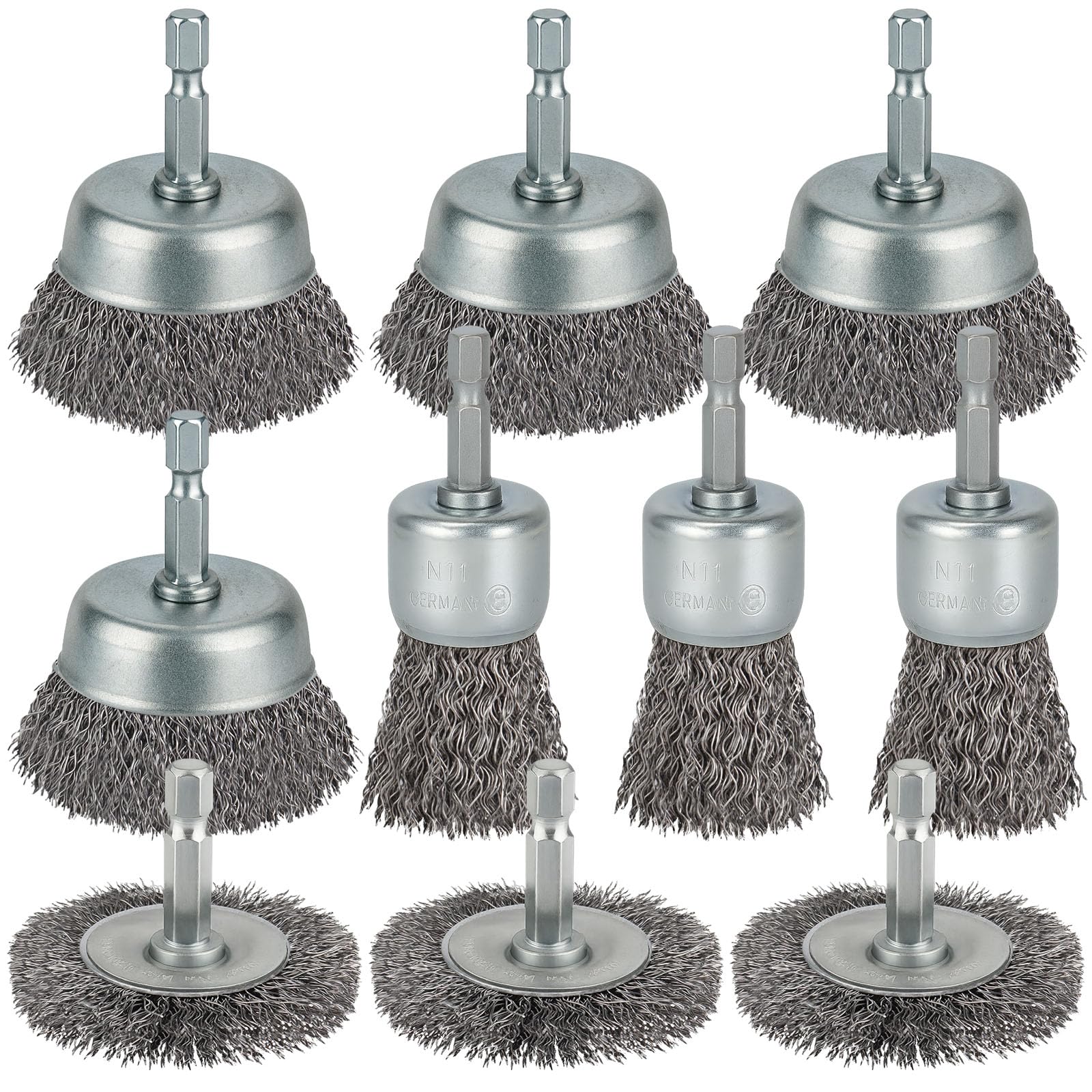 WENORA 10 Pcs Wire Brush for Drill, Coarse Carbon Steel Crimping Wire Wheel Brush, 1/4 Inch Hex Shank, Wire Cup Brush Drill Bit for Cleaning Rust, Stripping and Abrasive