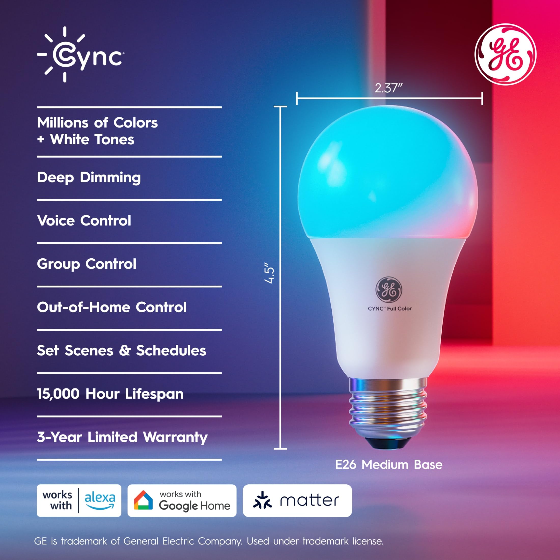 Cync GE A19 Smart LED Light Bulbs, Room Decor Aesthetic Color Changing WiFi Lights, LED Indoor Light Bulb, Compatible with Alexa and Google (2 Pack)