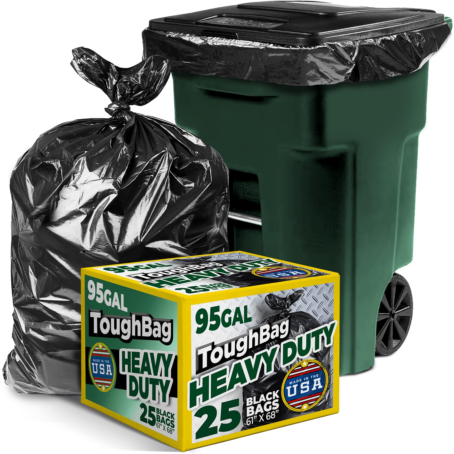 ToughBag 95-96 Gallon Trash Bags Heavy Duty (25 Count) - Extra Large Black Garbage Can Liners for 90-100 Gallon Cans - Made in USA