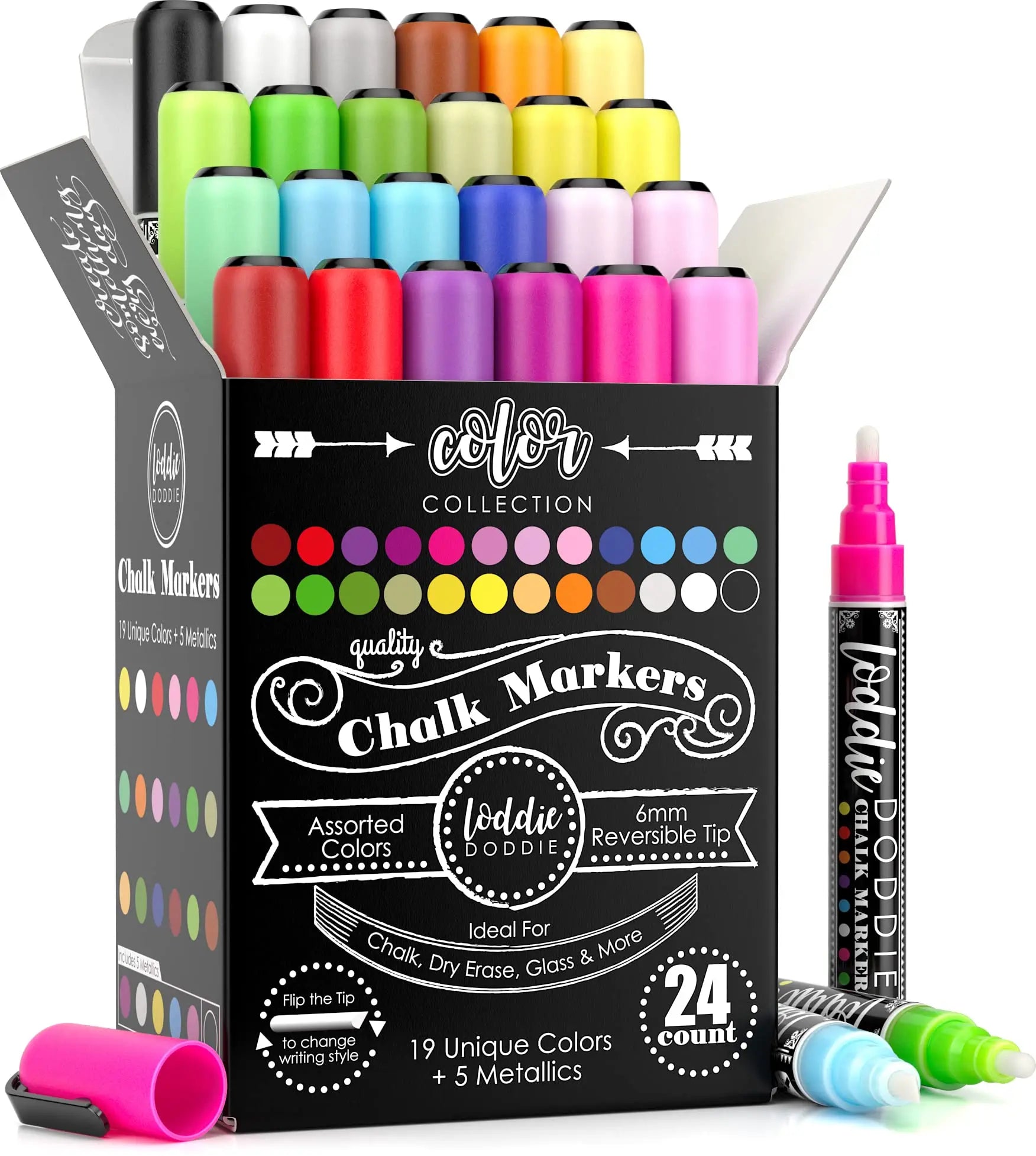 Loddie Doddie Chalk Markers - 24-Pack, 6mm Reversible Bullet & Chisel Tip - Dust-Free, Erasable Liquid Chalk Markers - Versatile for Windows, Glass & Chalkboard Surfaces