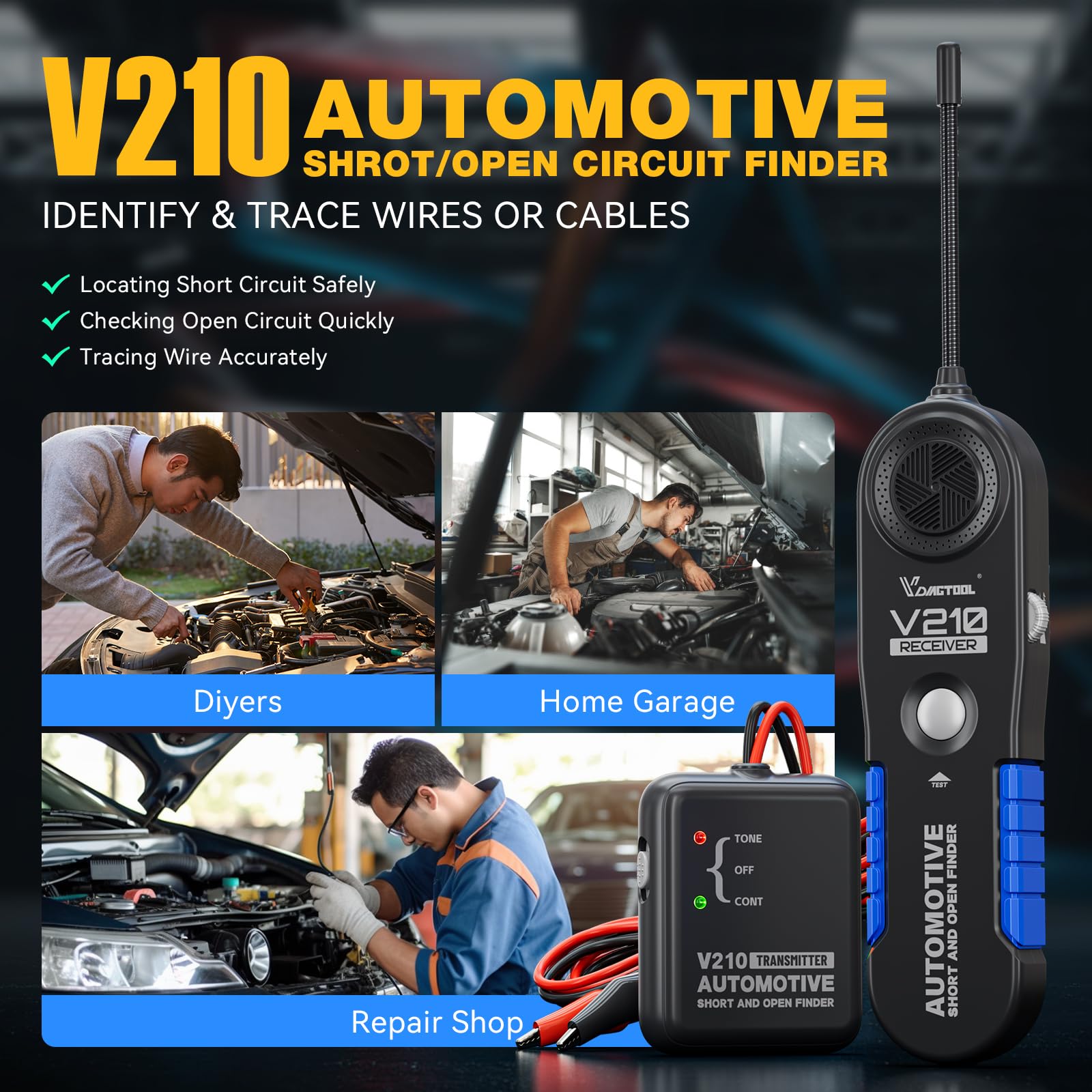 VDIAGTOOL V210 Wire Tracer Automotive Electrical Open & Short Finder Circuit Tester Wire Breaker Finder Fault Probe Cable Tracker Electrical DC 6-42V