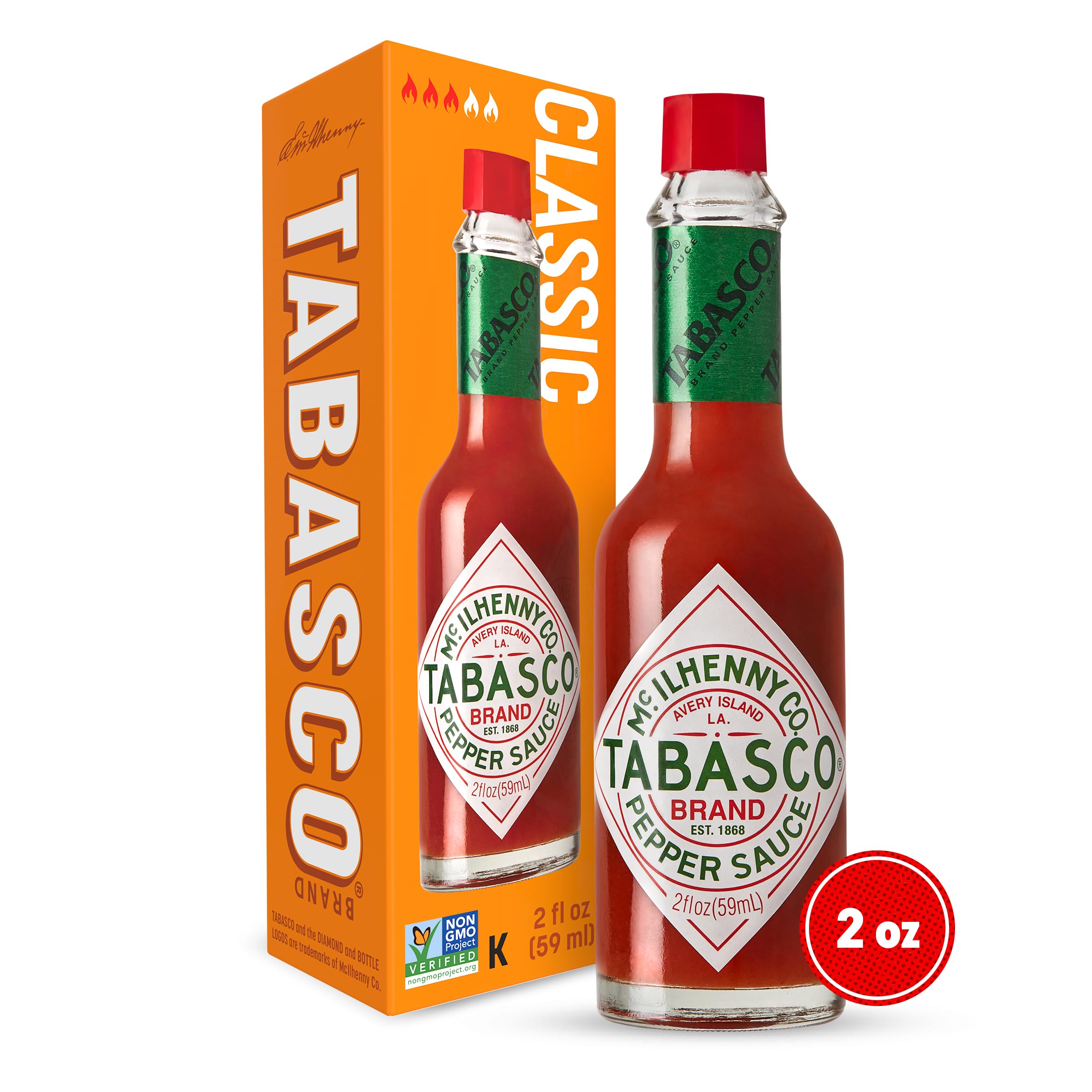 TABASCO Brand Original Red Pepper Hot Sauce, Medium Heat, Glass Bottle, Classic & Versatile Flavor, Three Simple Ingredients, Great for Dips, Tacos, Eggs, Pizza, Oysters & More, 2 Fl Oz (Pack of 1)