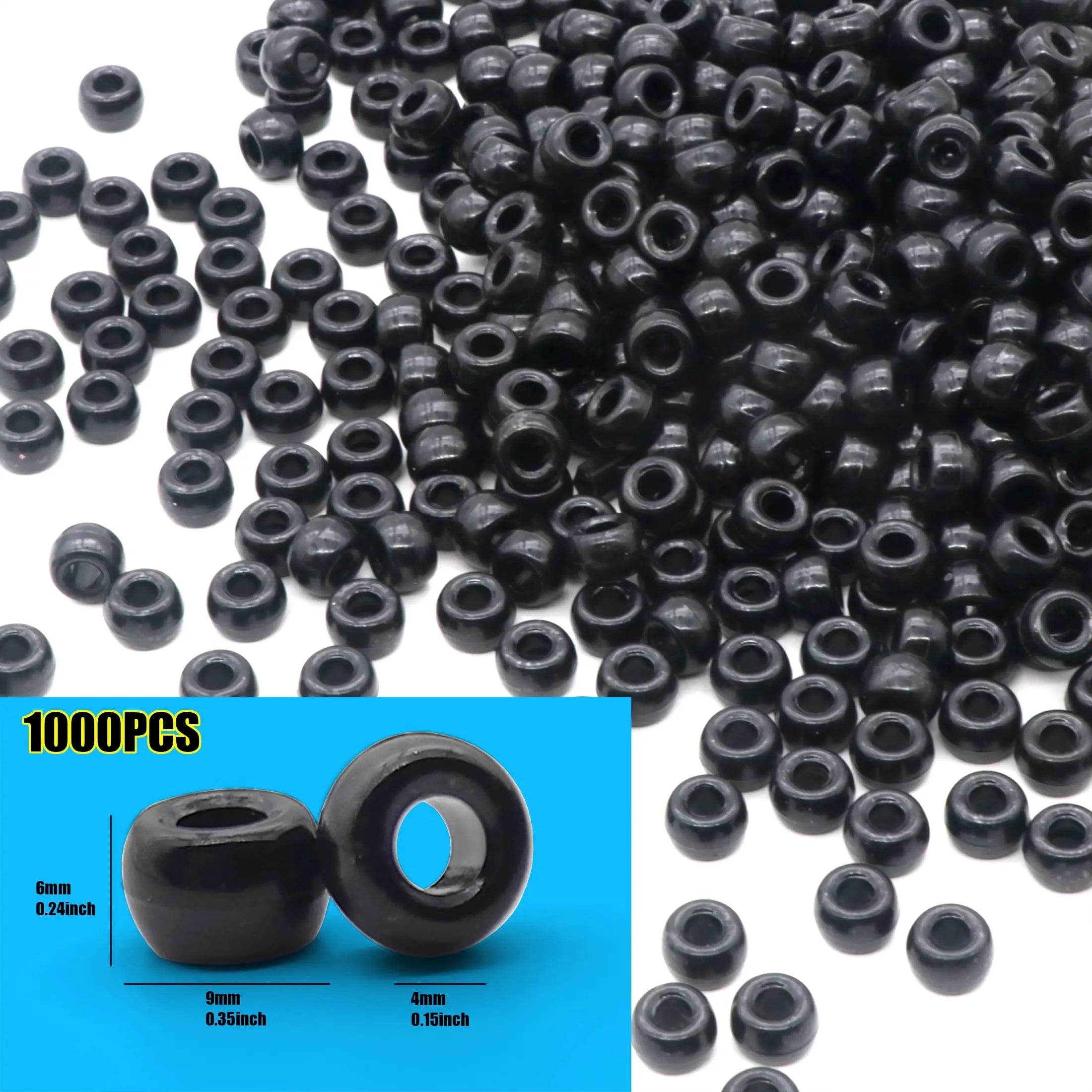 Auvoau 1000Pcs Pony Beads Bracelet 9mm Black Plastic Barrel Pony Beads for Necklace,Hair Beads for Braids,Key Chain,Jewelry Making (Black)