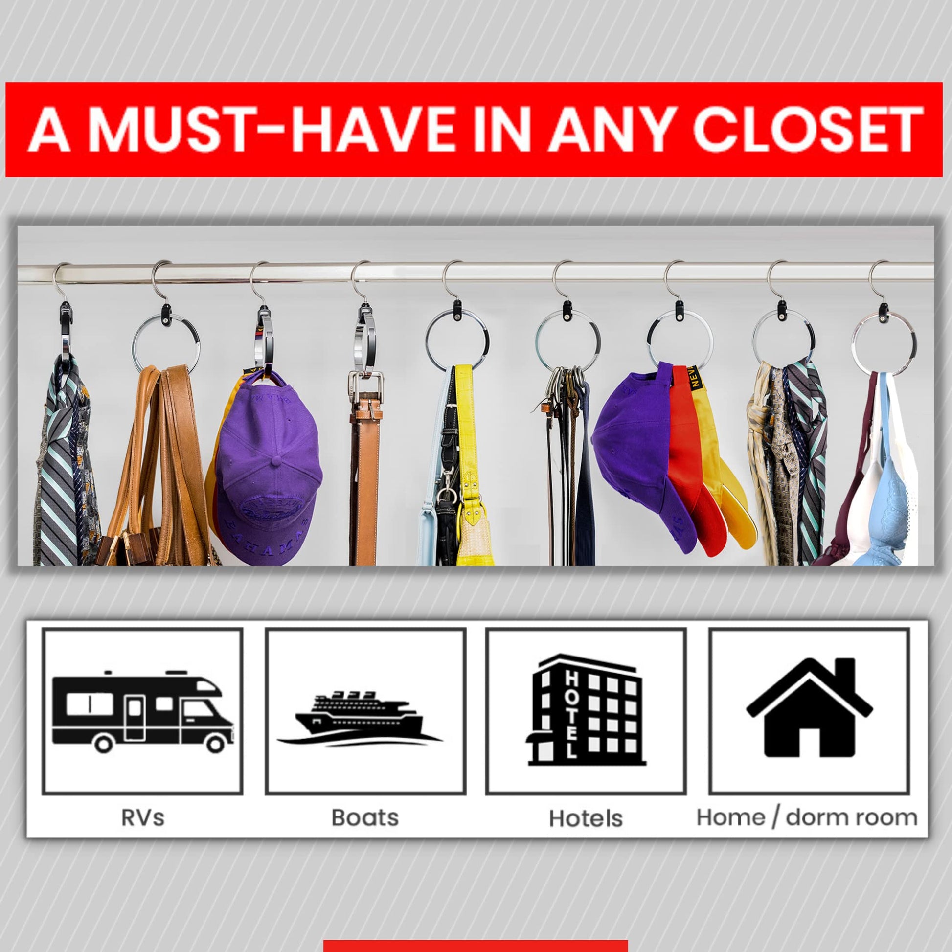 ROLLY HANGER Multipurpose Closet Hangers- Tie and Belt Hanger for Closet- Great Space Saving Belt Organizer for Wardrobe - Ideal for Storing Belts, Ties, Scarfs, Baseball Hats, Purses & More- 1 Pack