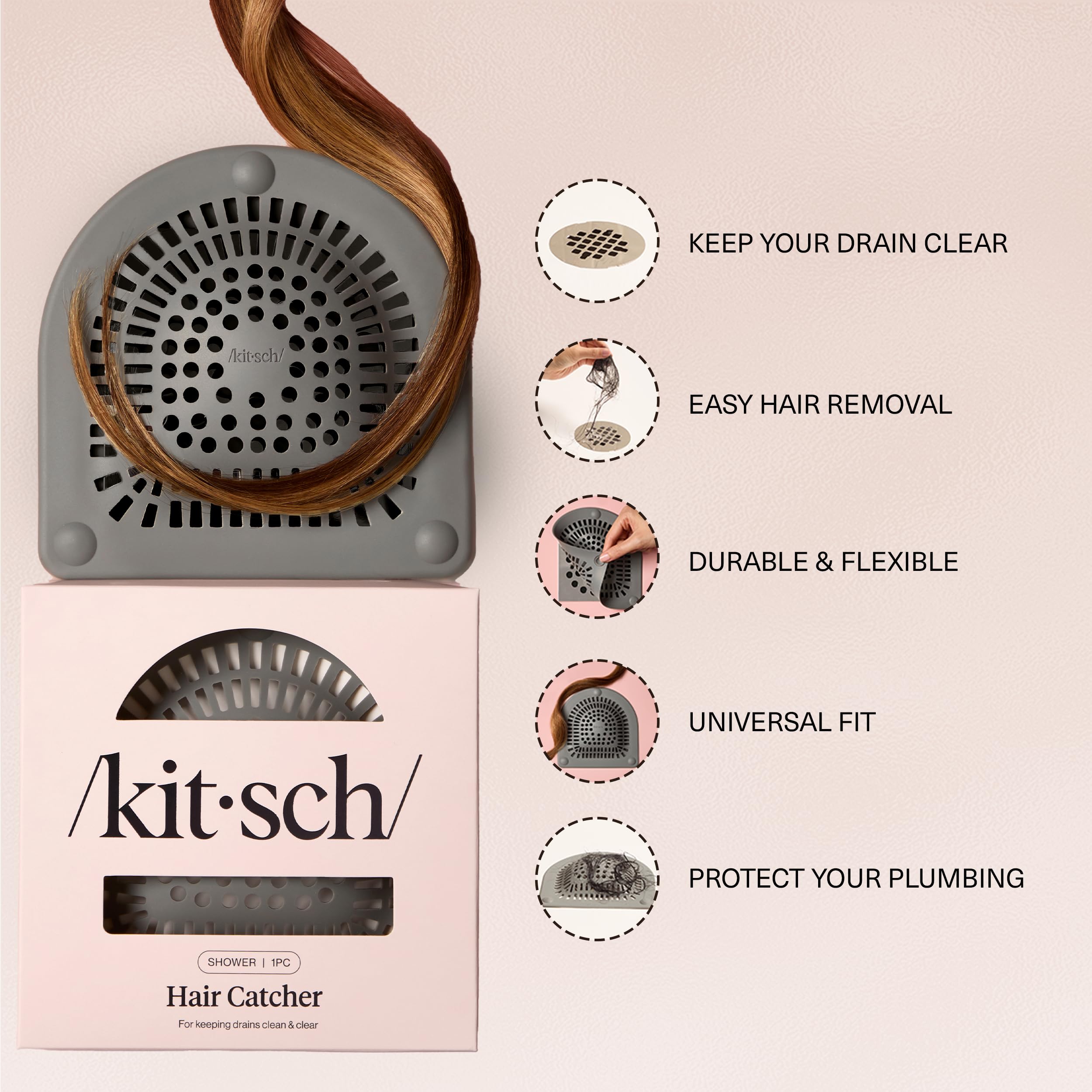 Kitsch Hair Catcher Shower Drain - Prevents Clogs, Drain Hair Catcher, Reduce Bathtub Odor, Anti-Clogging, Bathtub & Shower Cover, Durable & Easy to Clean, Made with Silicone, Universal Fit - Grey