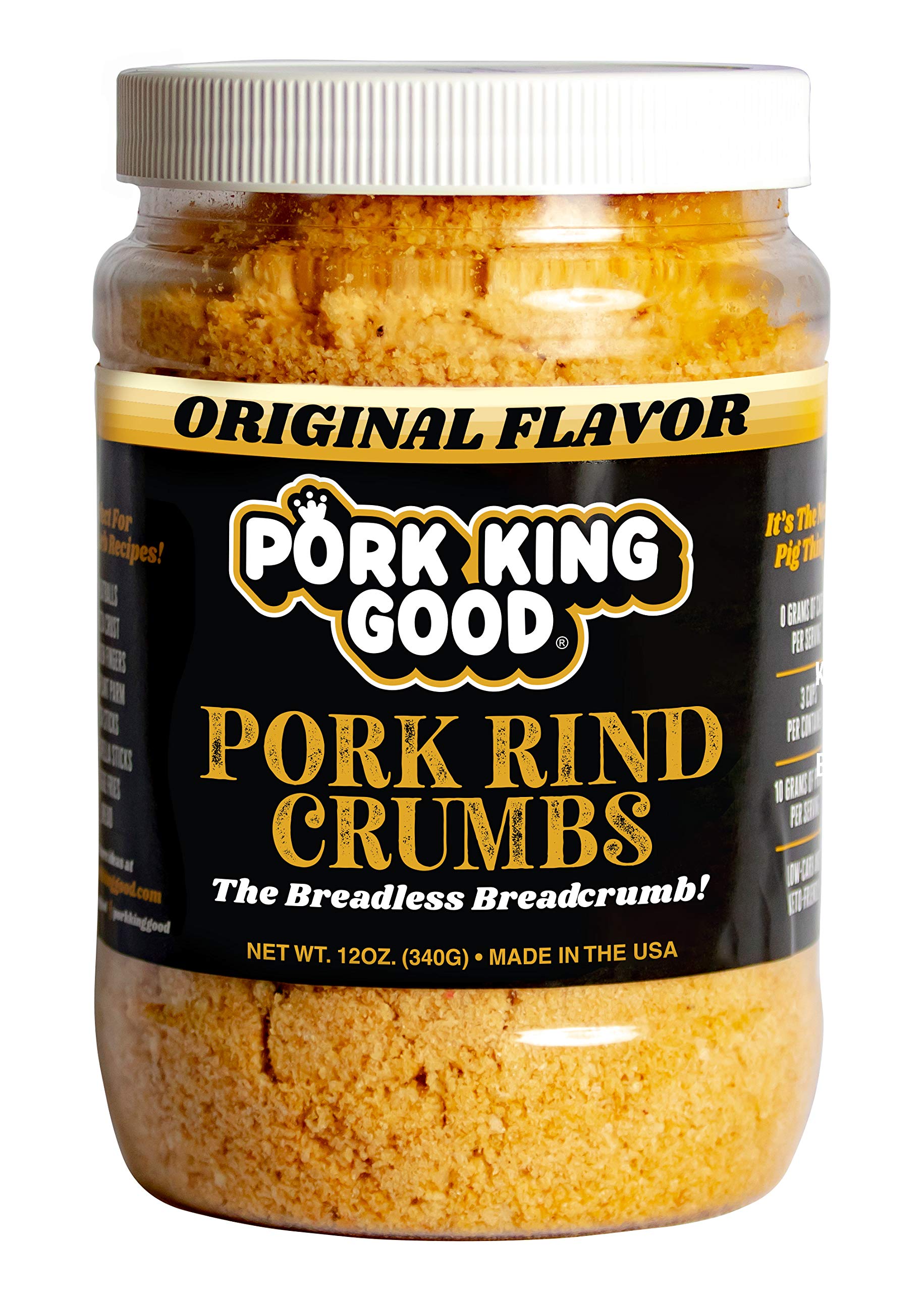 Pork King Good فتات خبز جلد الخنزير قليل الكربوهيدرات لحمية الكيتو! مثالي لأنظمة الكيتو، باليو، الخالي من الغلوتين، الخالي من السكر وأنظمة الباريأتريك الغذائية (الأصلي) (أصلي، برطمان 12 أونصة)