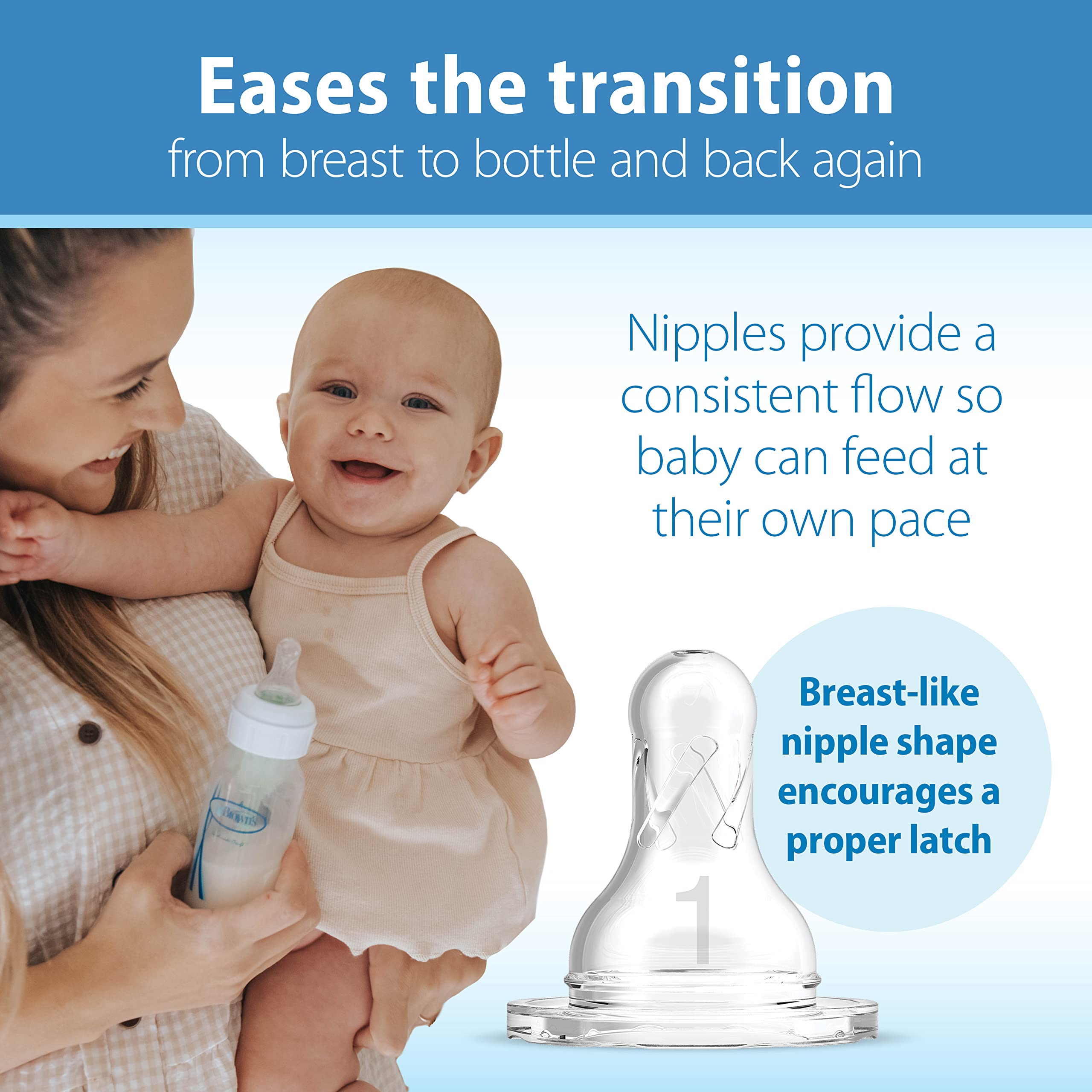 Dr. Brown's Natural Flow Anti-Colic Options+ Narrow Baby Bottle, 8 oz/250 mL, with Level 1 Slow Flow Nipples, 0m+, 4 Pack