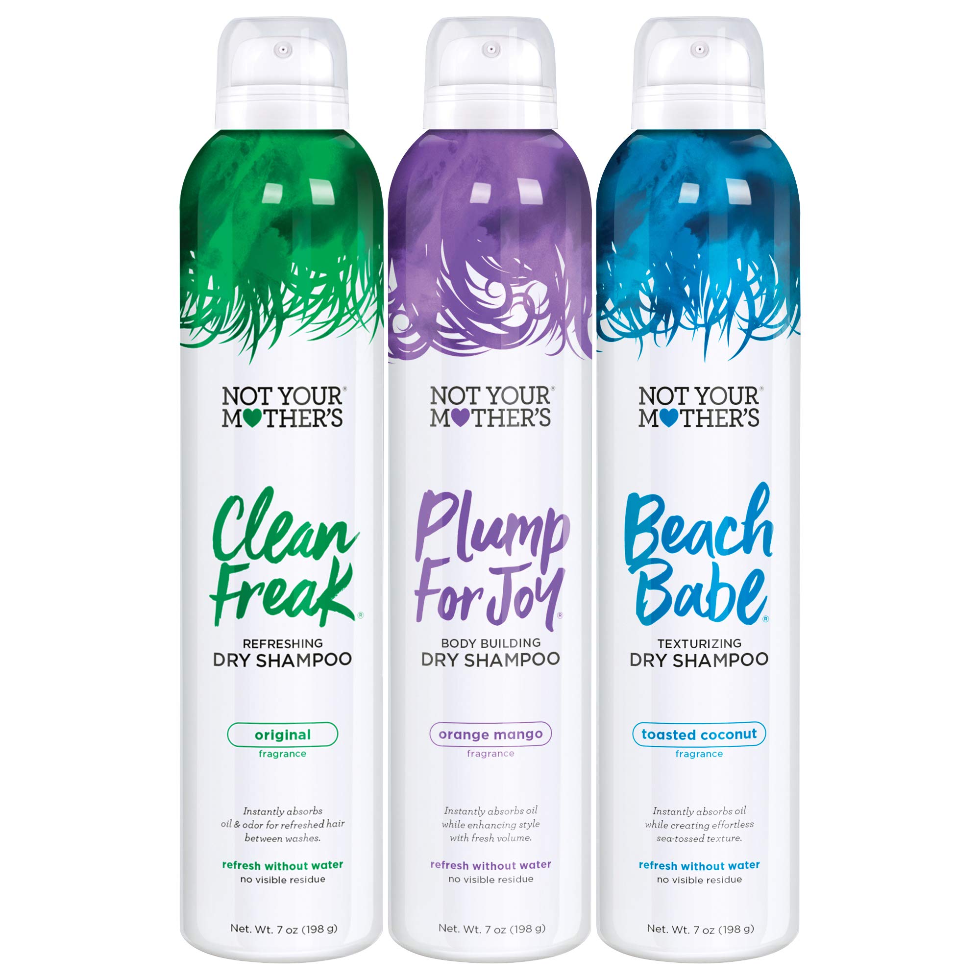 Not Your Mother's Dry Shampoo Spray Signature Assortment (3-Pack) - 7 oz Each - Clean Freak, Plump for Joy & Beach Babe - Instantly Absorbs Oil & Extends Style Life for Refreshed Hair