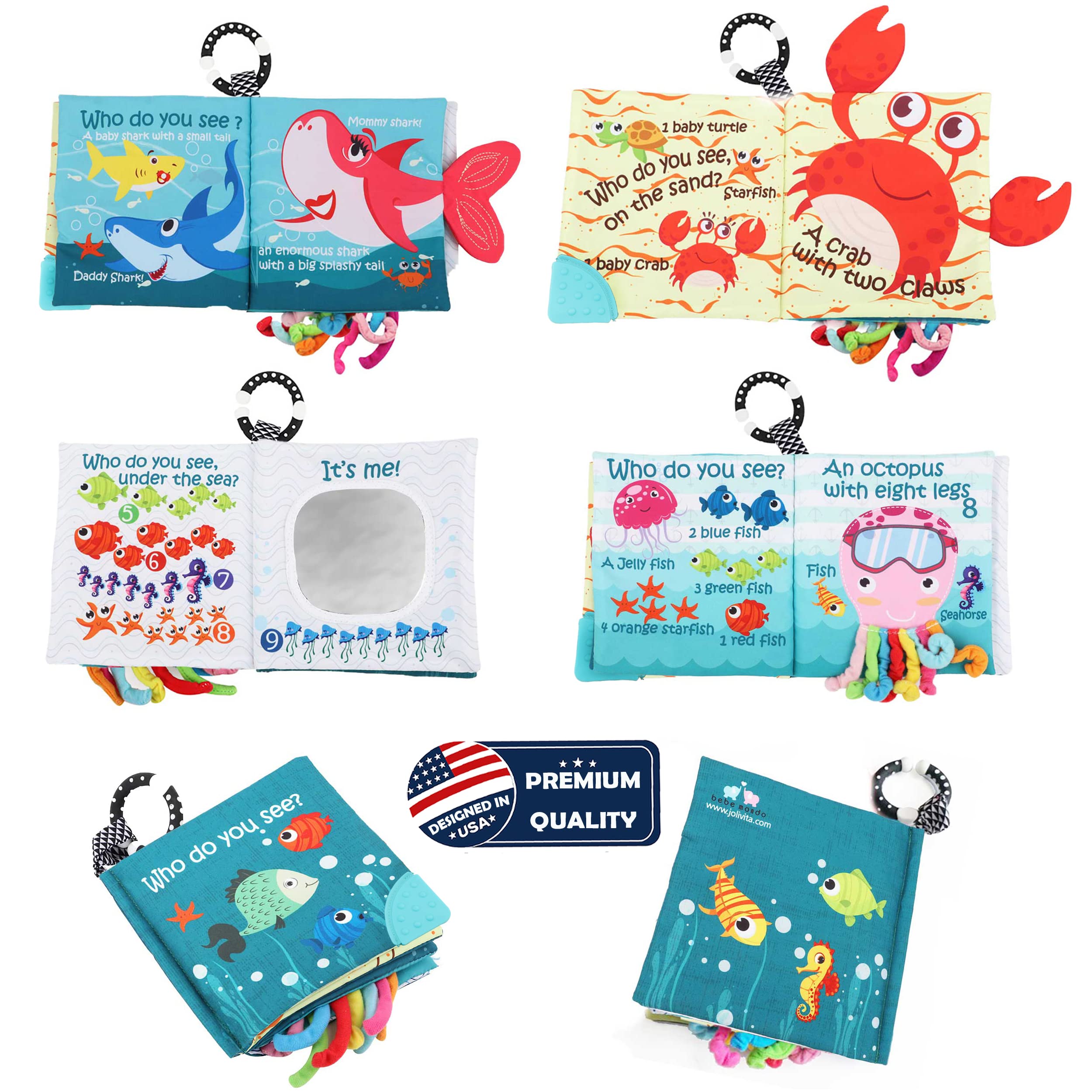 Fish Baby Books Toys, Touch Feel Cloth Crinkle Books for Babies,Baby Infant Toys 0-6, 6-12, 12-18 Months,Early Learning Education Toys,Shower Baby Gifts for Boys Girls,Teething,Mirror,Shark Ocean Book