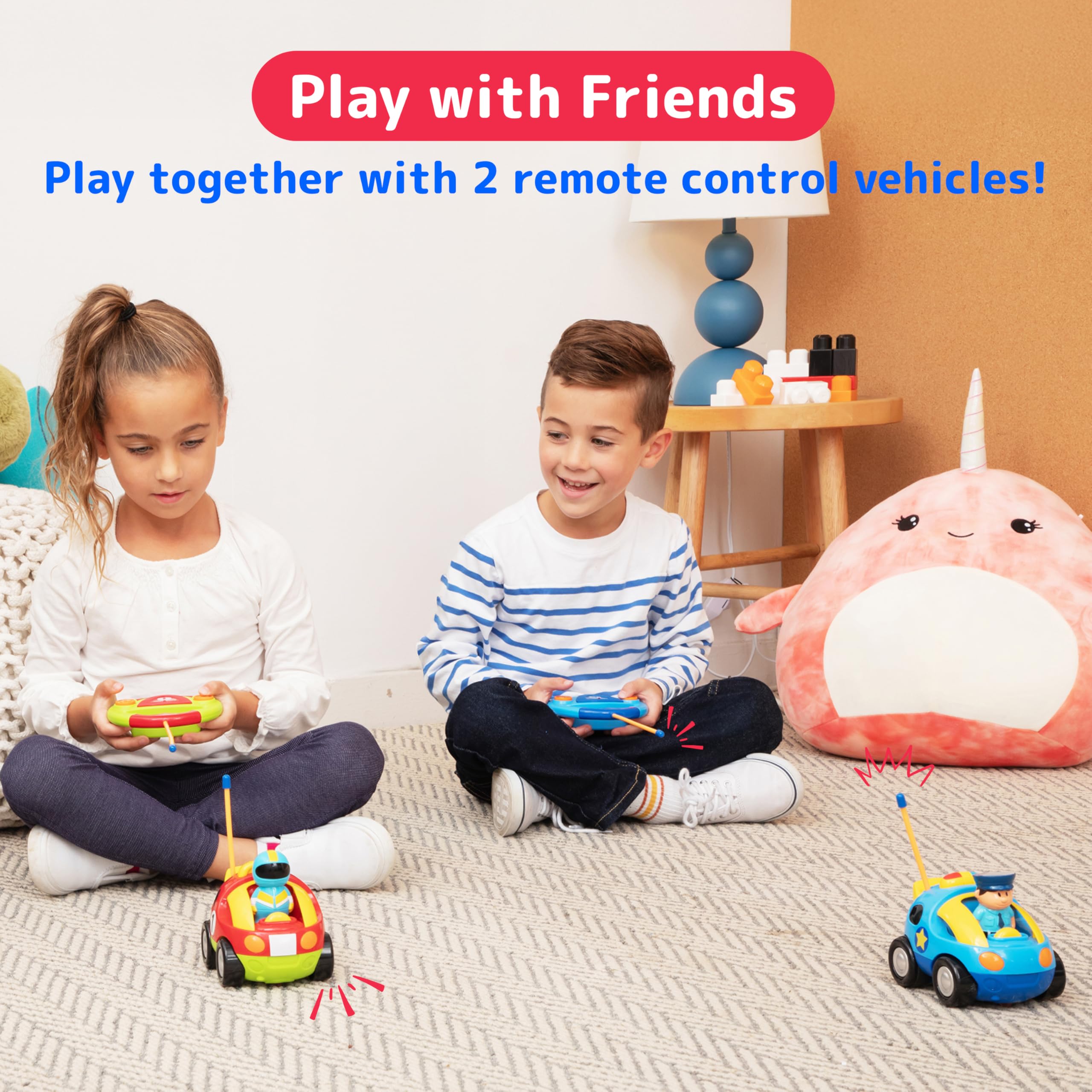 PREXTEX Cartoon Remote Control Car - 2-Pack Police and Race Car Toddler Toys - RC Cars for Kids with Different Frequencies - Easy Remote Control Toy and Thoughtful Gifts for Boys and Girls