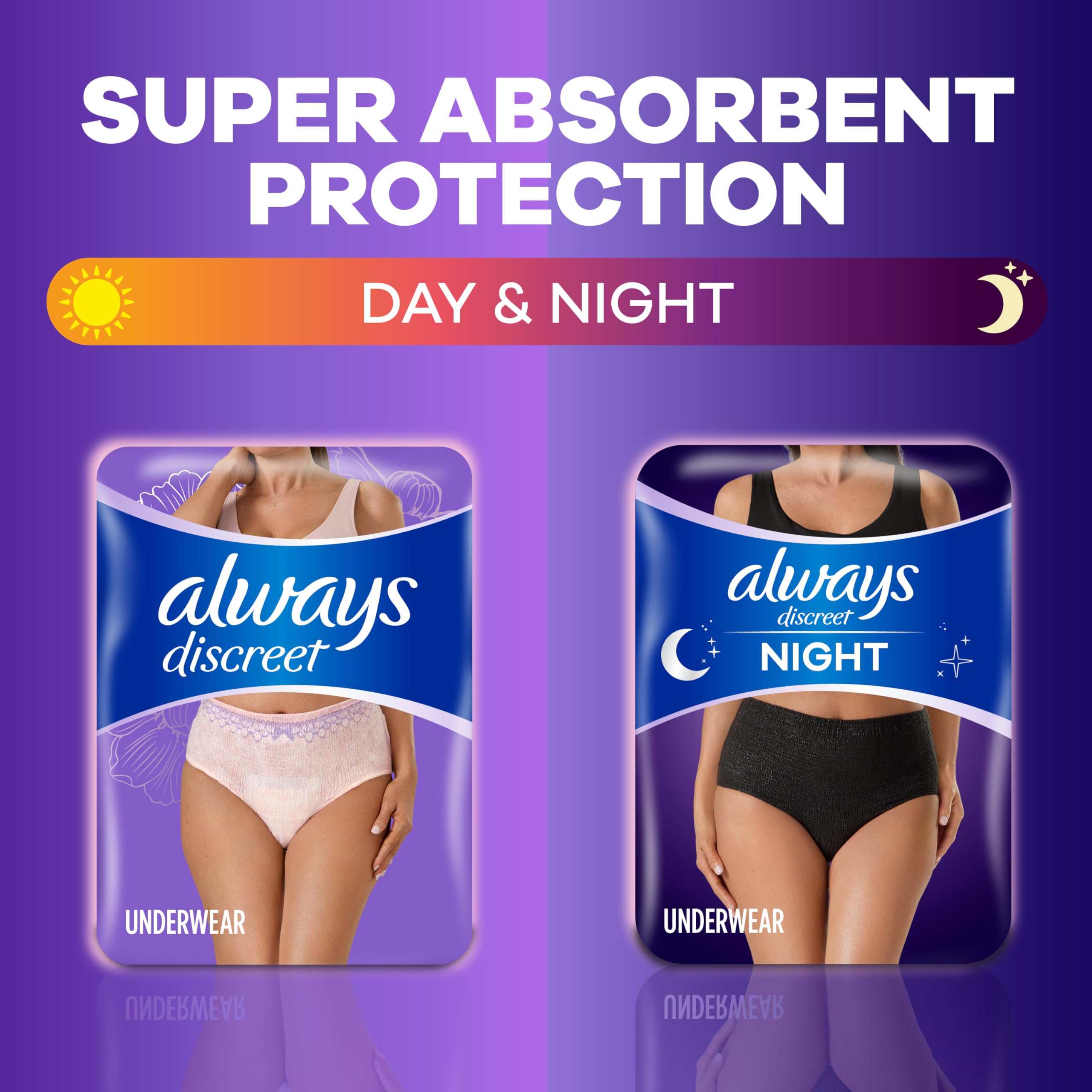 Always Discreet Adult Incontinence Overnight Underwear for Women, Small/Medium, Up to 100% Bladder Leak Protection, 14 Count