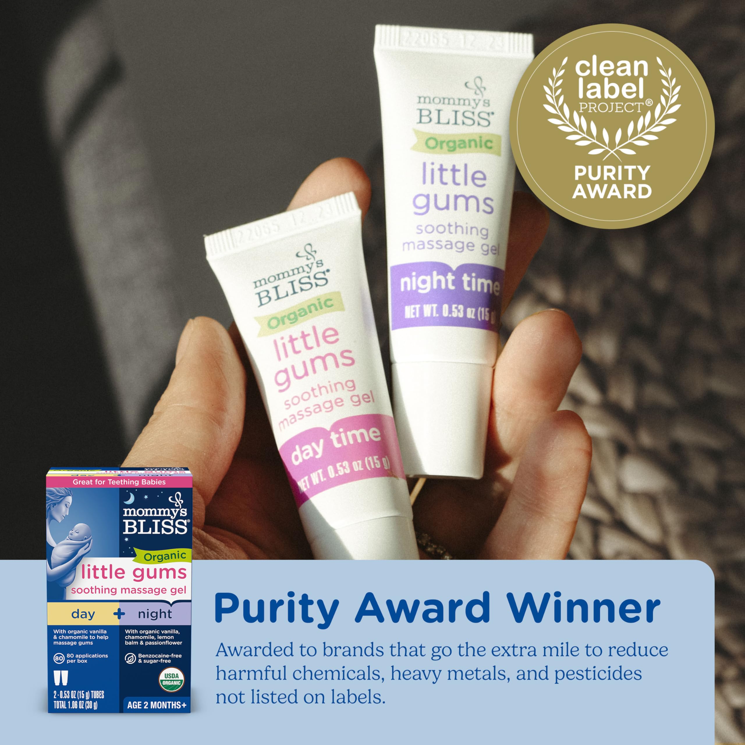 Mommy's Bliss Organic Little Gums Soothing Massage Gel Day and Night Combo, Great for Teething Babies, Age 2 Months+, Sugar Free, Mild & Sweet Flavor, 2 - 0.53 Oz Tubes (Pack of 1)