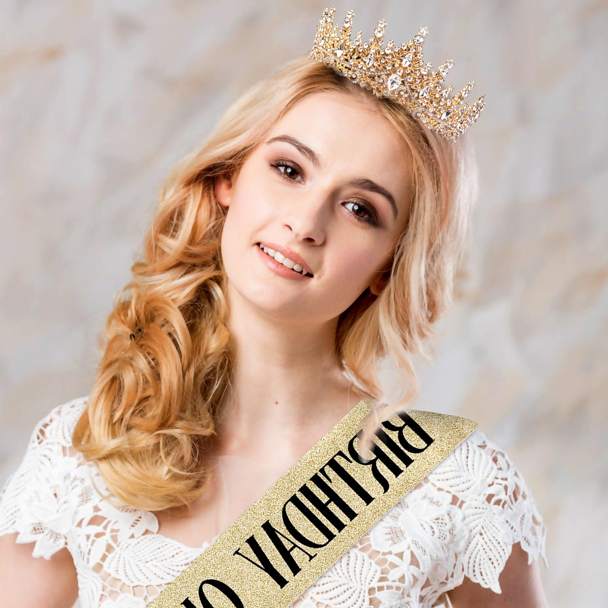 Birthday Sash and Crown for Women, Gold Crystal Princess Tiaras Rhinestone Queen Headband Wedding Bridal Hair Accessories, Birthday Prom Pageant Party Coming of Age Ceremony Photo Props